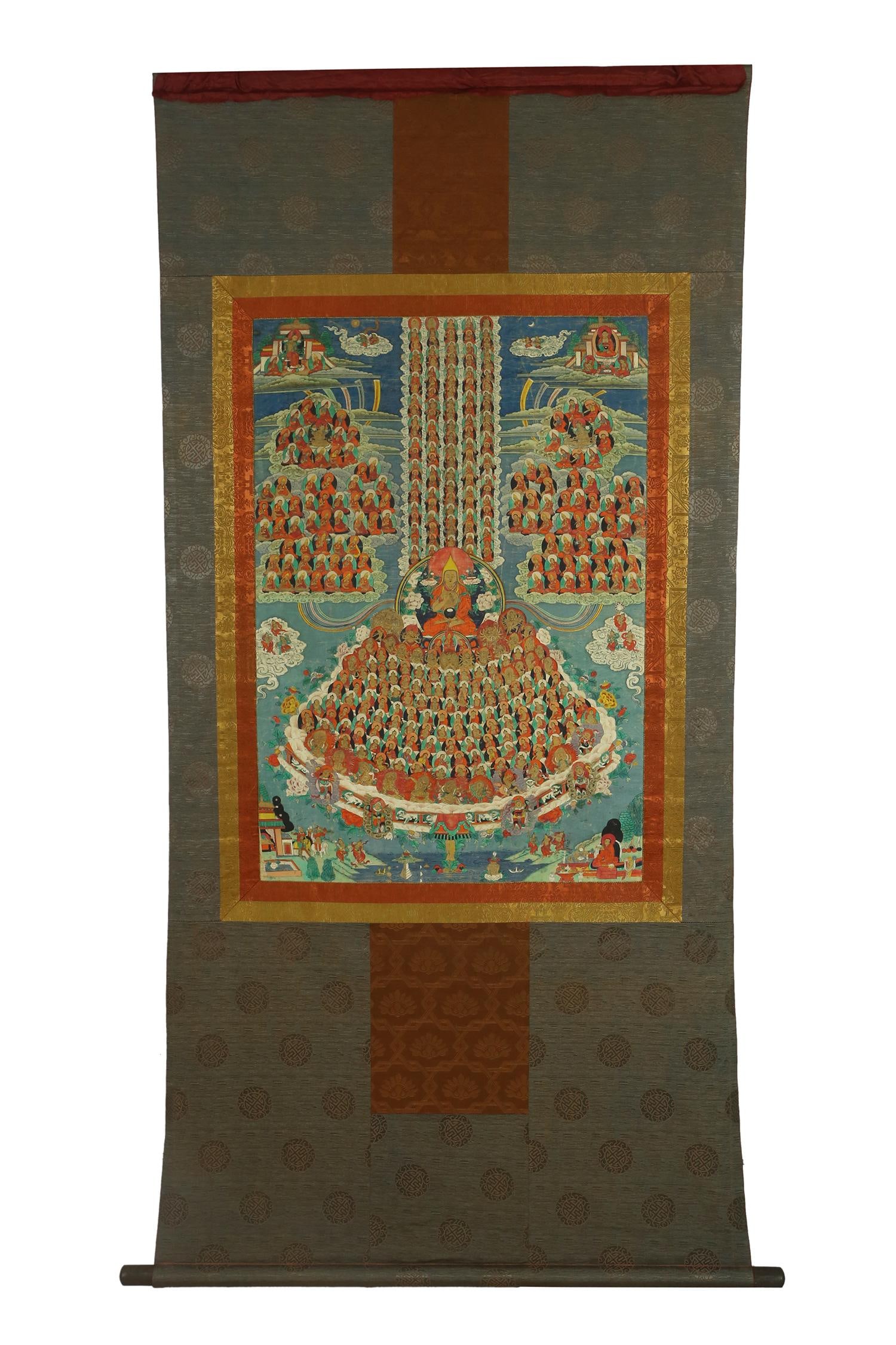 Vintage Tibetan Thangka: Vintage Tibetan Thangka of the Gelugpa Refuge Tree, Tibet, on cloth Size: 78 x 54 cm (image); 165 x85 cm (overall).