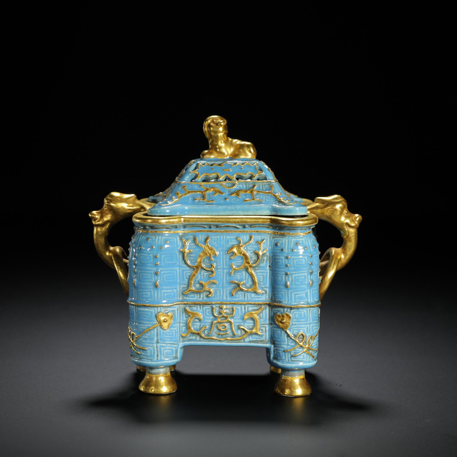 Sky-Blue Glazed Gilt Double-Handled Scent Burner: Sky-Blue Glazed Gilt Double-Handled Scent Burner. Length:4.53" Width:2.36" Height:4.53"