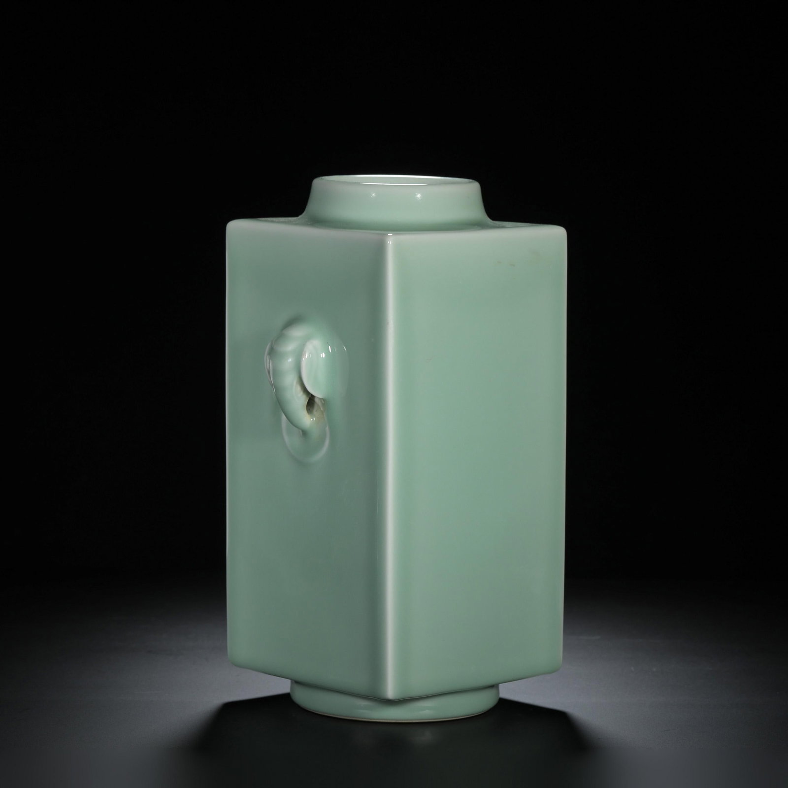 Celadon-Glazed Elephant-Handled Cong-Form Vase: Celadon-Glazed Elephant-Handled Cong-Form Vase. Length:6.69" Width:5.12" Height:11.02"