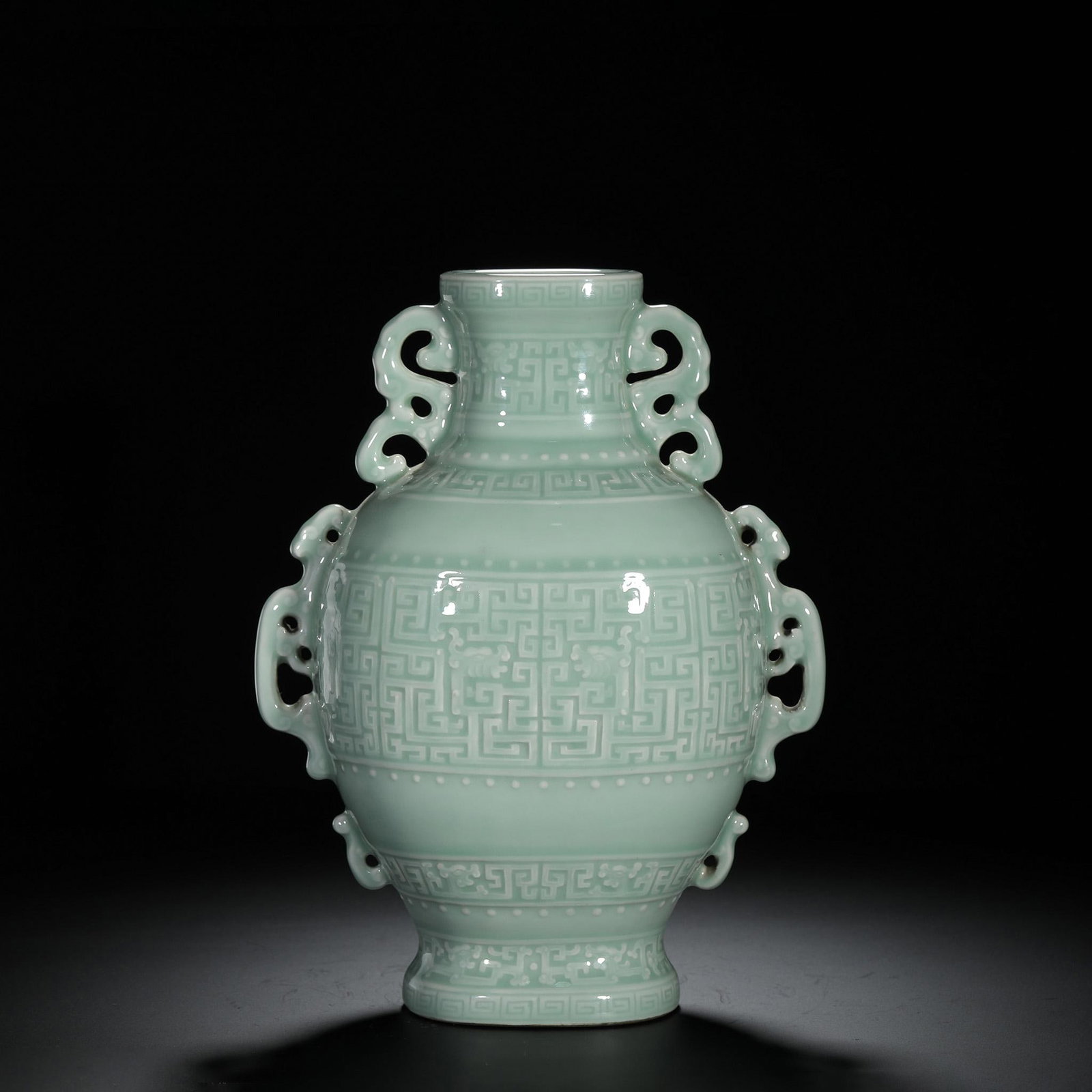 Celadon Glazed Beast-Mask Vase: Celadon Glazed Beast-Mask Vase. Length:7.28" Width:4.33" Height:9.25"