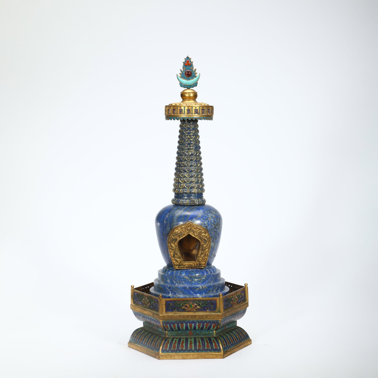 Chinese Cloisonne Enamelled Lapis Towers Marked Qian Long: Chinese Cloisonne Enamelled Lapis Towers Marked Qian Long. Length:6.50" Height:16.93"