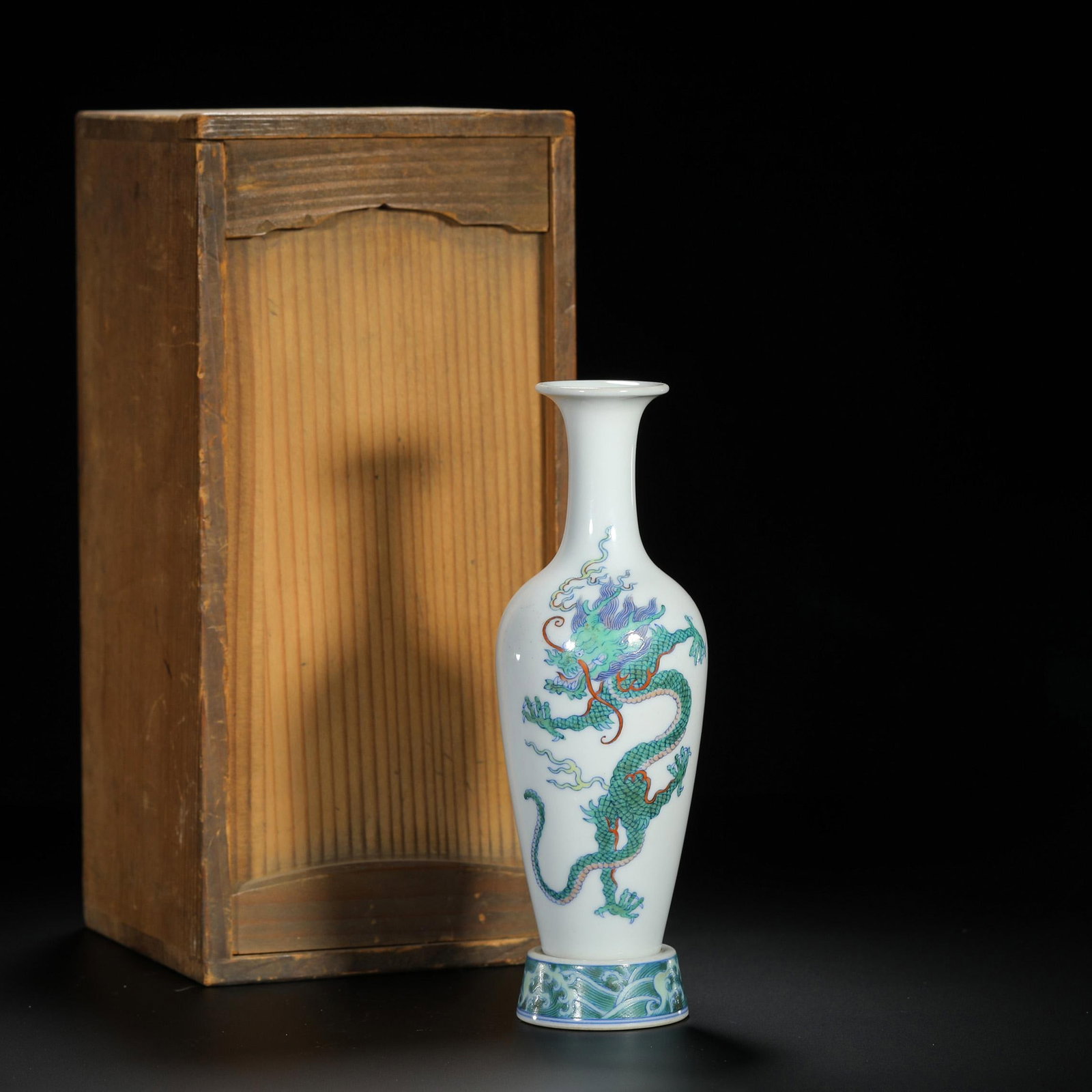 Doucai Dragon Willow-Leaf Vase: Doucai Dragon Willow-Leaf Vase. Diam.2.17" Height:6.69"