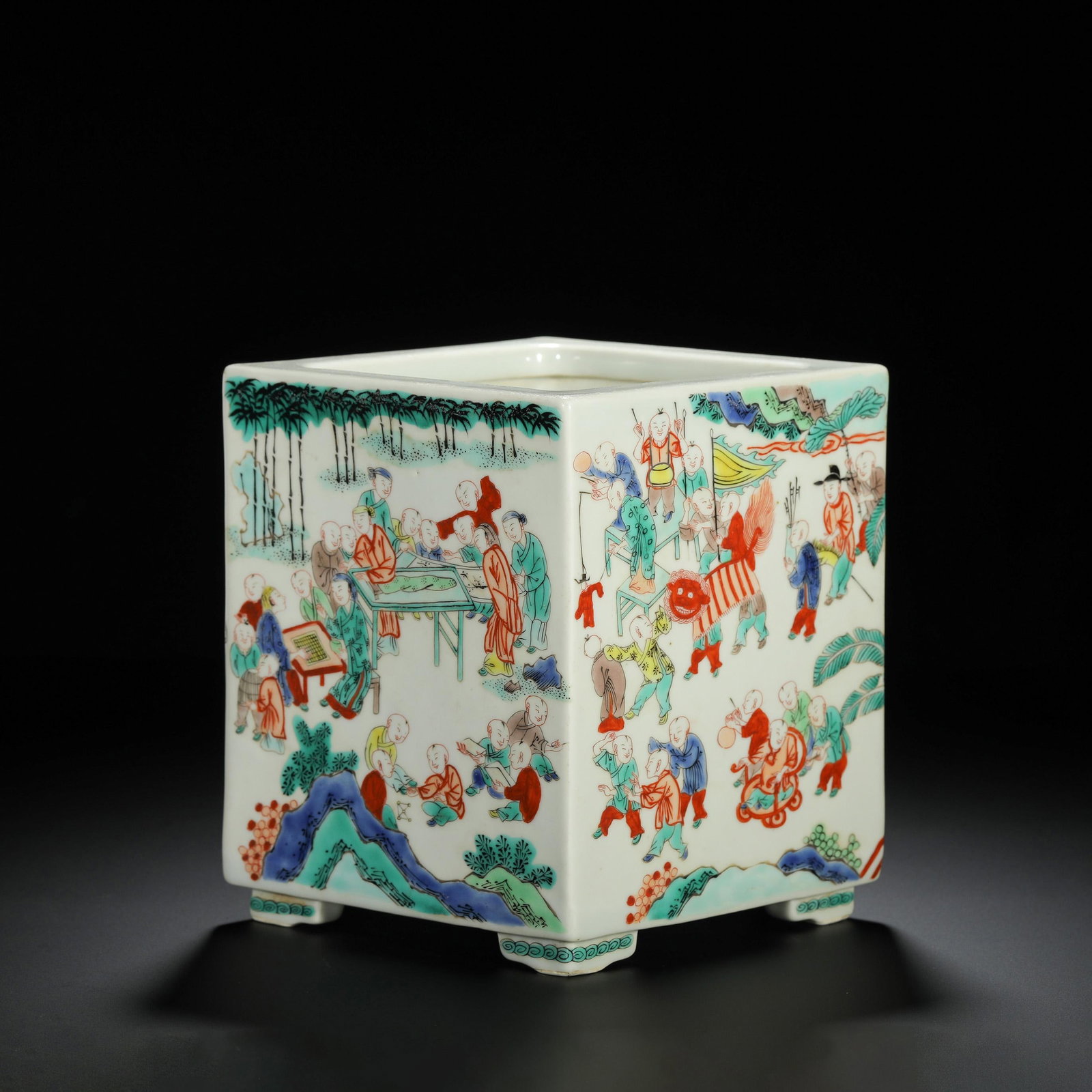 Wucai Children at Play Brushpot: Wucai Children at Play Brushpot. Length:7.48" Width:6.30" Height:6.30"