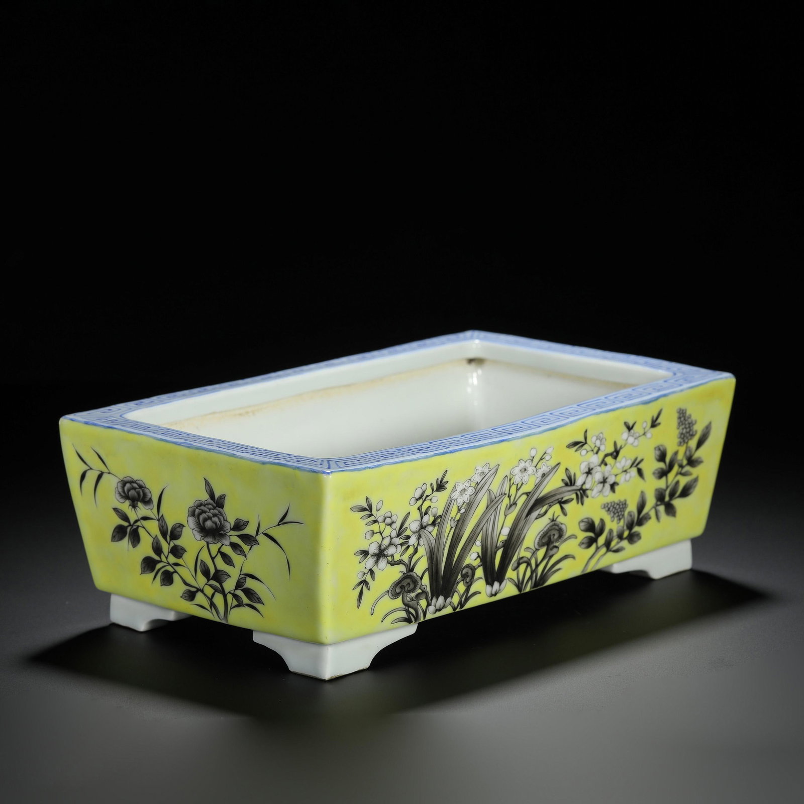 Yellow-Ground Enamel Flower Pot: Yellow-Ground Enamel Flower Pot. Length:9.06" Width:5.71" Height:3.15"