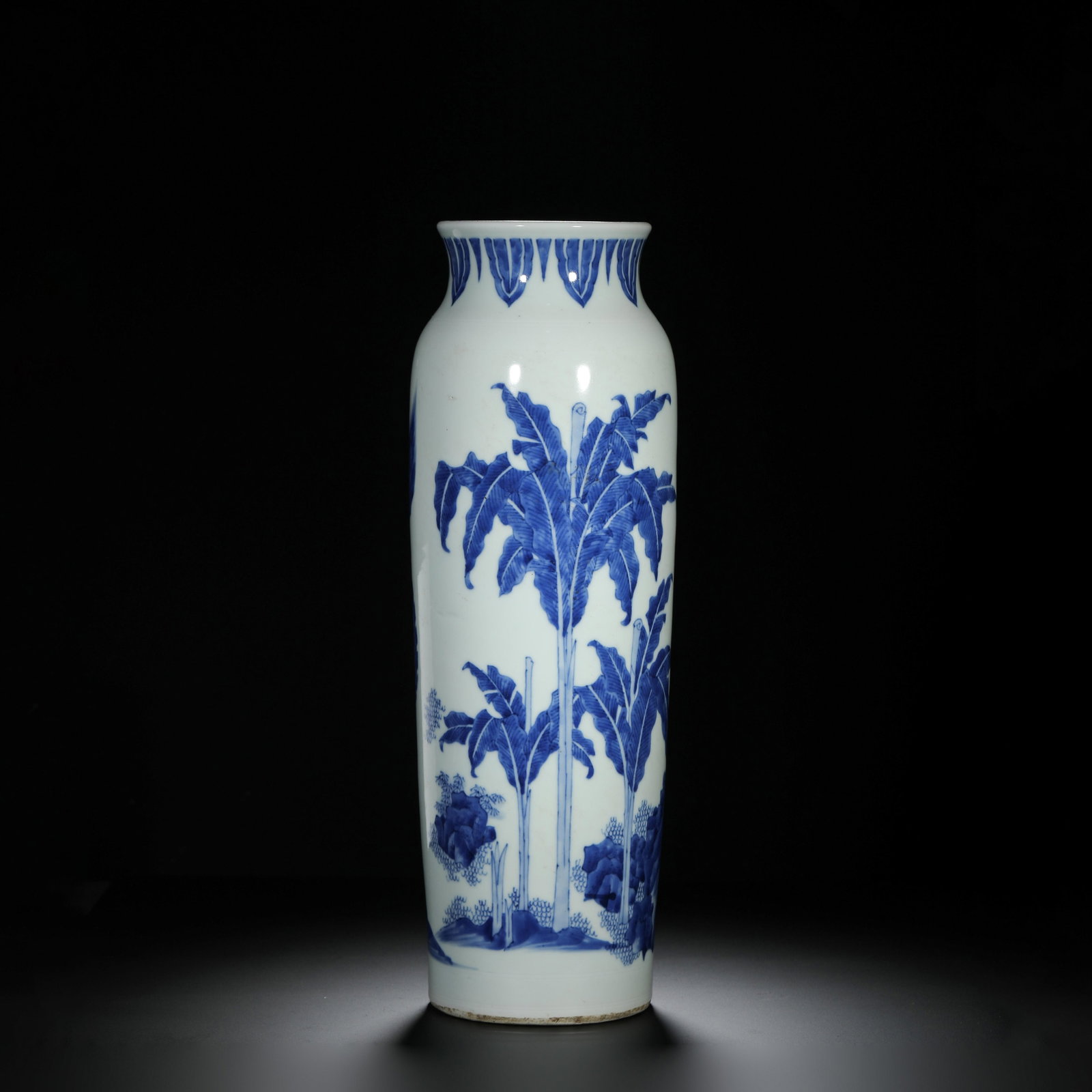 Blue and White Plantain Leaf Elephant-Leg Vase: Blue and White Plantain Leaf Elephant-Leg Vase. Length:5.91" Height:17.72"