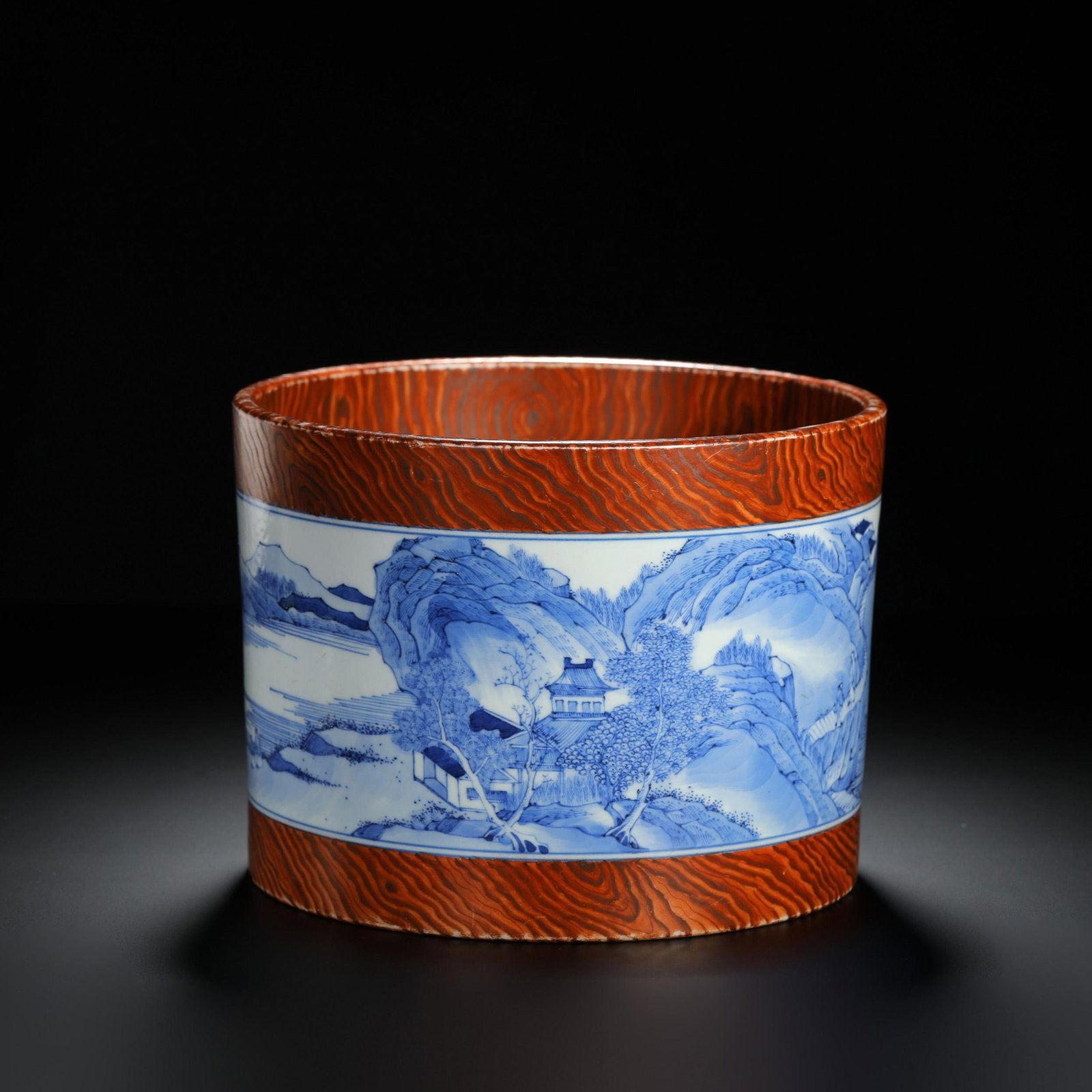 Blue and White Wood-Glazed Landscape Brushpot: Blue and White Wood-Glazed Landscape Brushpot. Diam.7.09" Height:5.28"