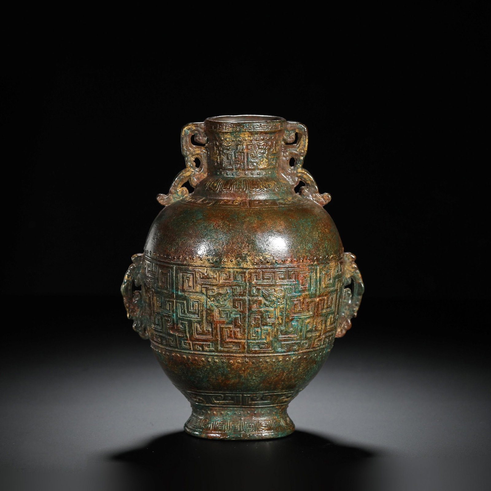 Archaisitc Bronze-Glazed Beast-Mask Vase: Archaisitc Bronze-Glazed Beast-Mask Vase. Length:5.71" Width:4.13" Height:7.48"