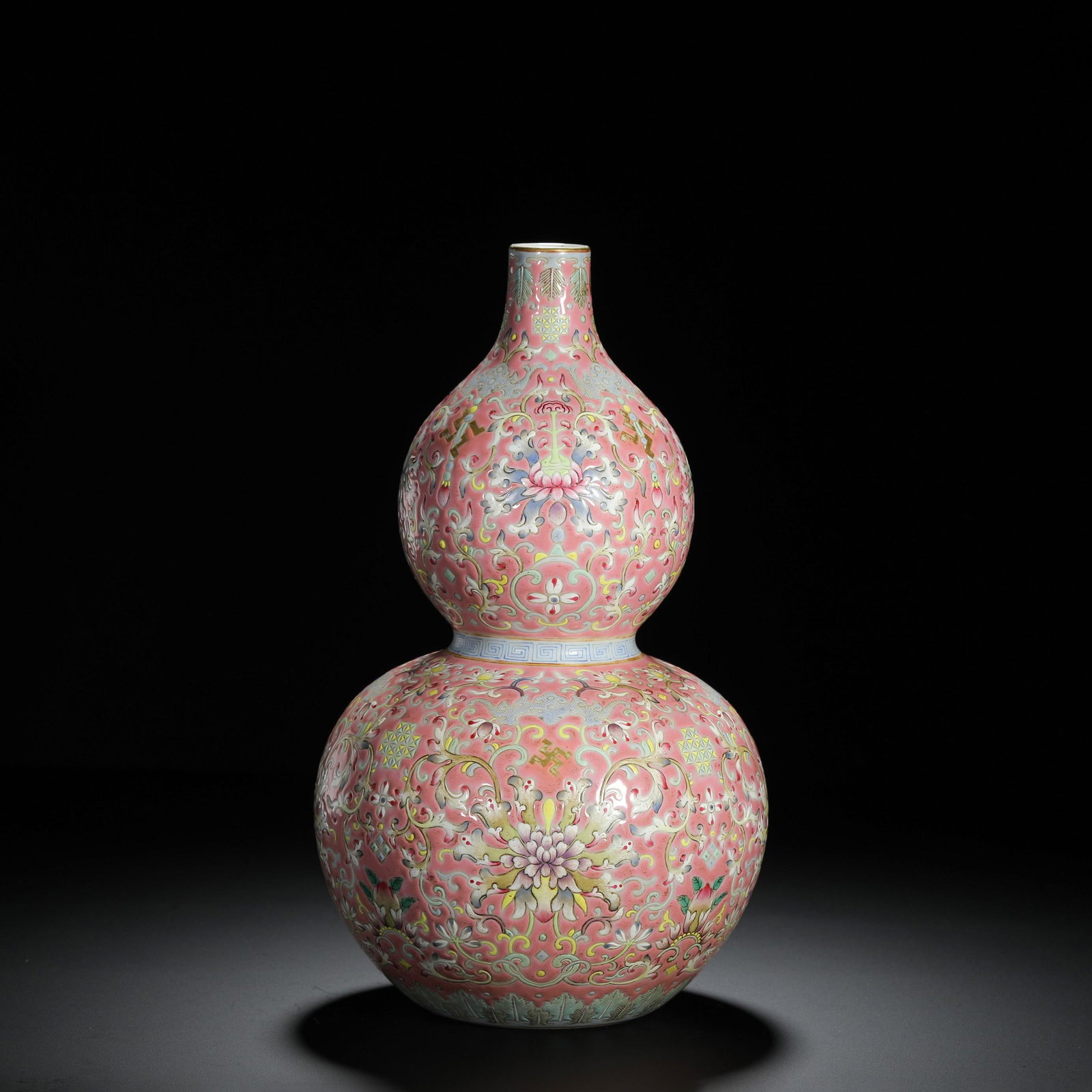 Pink-Ground Floral Double-Gourd Vase: Pink-Ground Floral Double-Gourd Vase. Diam.5.91" Height:9.84"