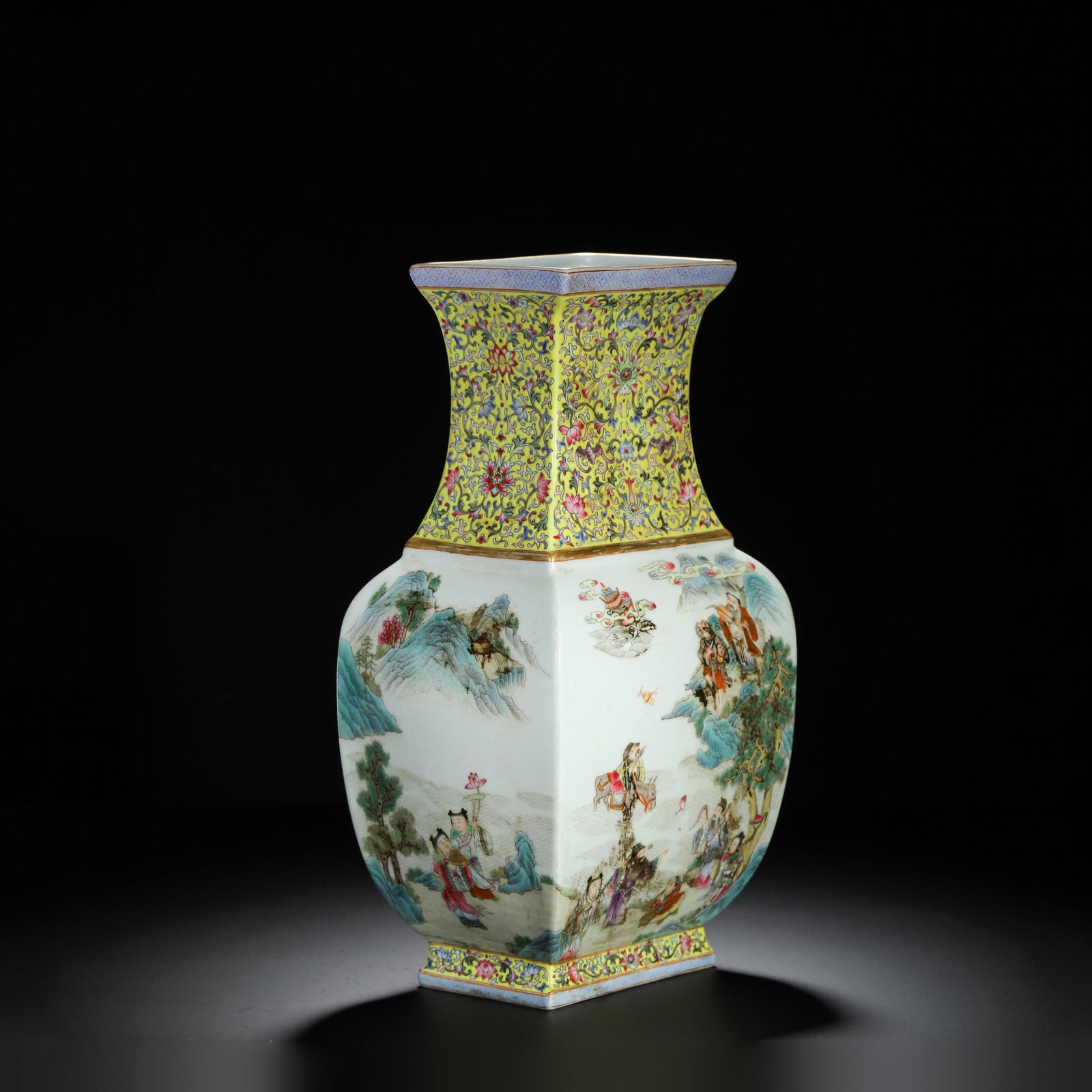 Famille-Rose Eight Immortals Vase: Famille-Rose Eight Immortals Vase. Length:6.69" Width:5.31" Height:12.99"