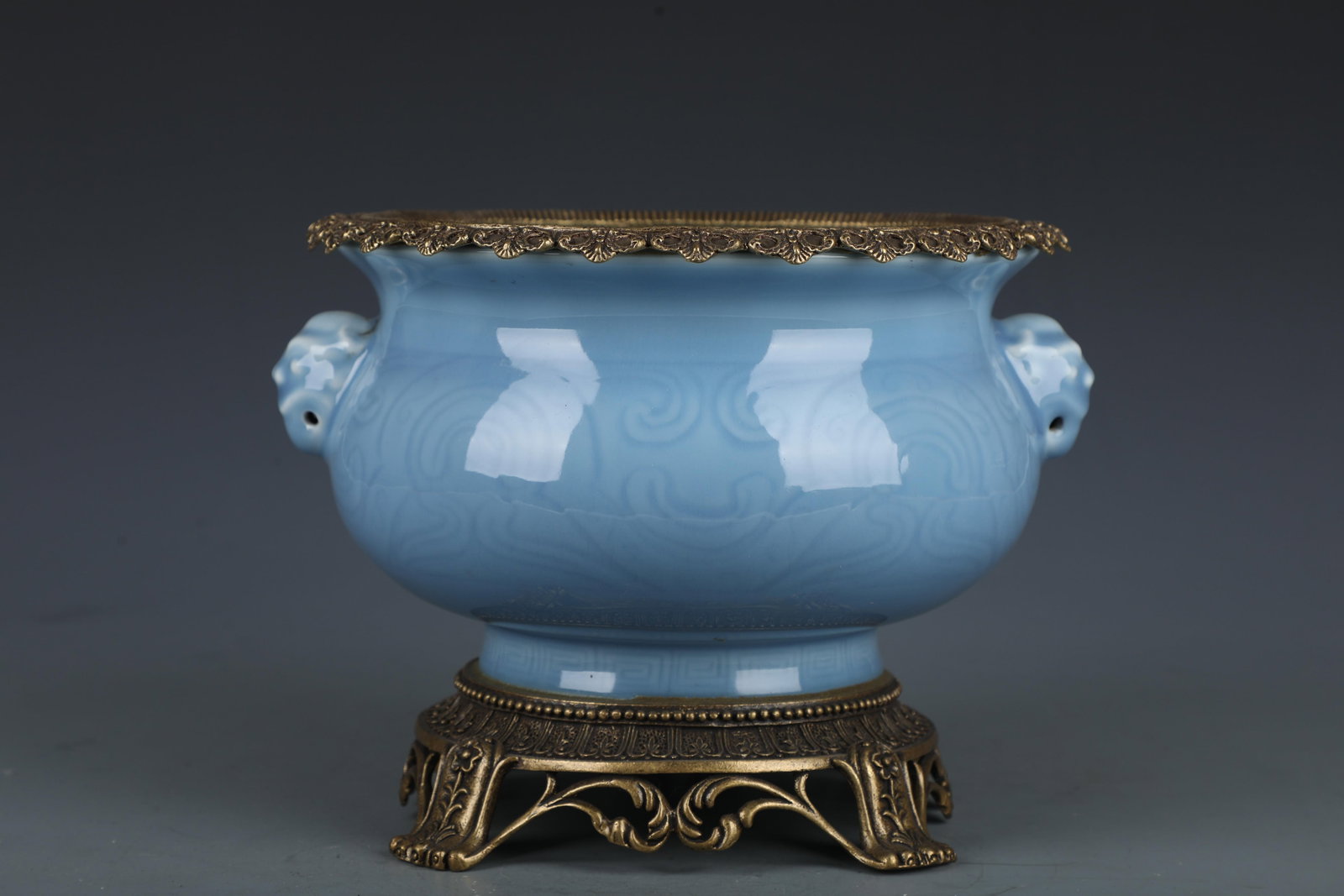 A Blue Glazed Censer, with bronze lining.: A Blue Glazed Censer, with bronze lining.. Dimensions: 9.2" x 7.25".