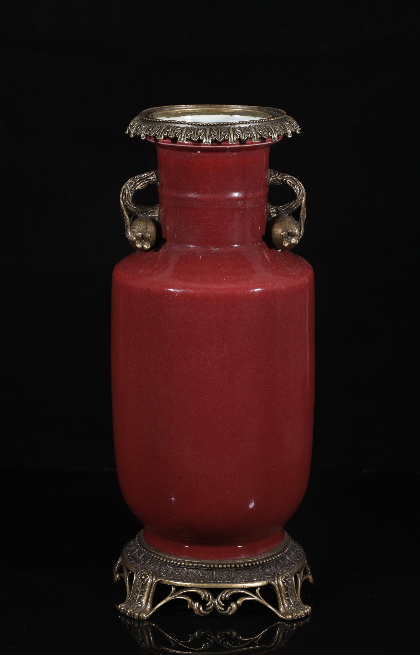 A Porcelain Vase: A Porcelain Vase, with brass ormolu. 'KangXi' mark at base. Height: 16.9" Diameter: 6.7" (Widest)