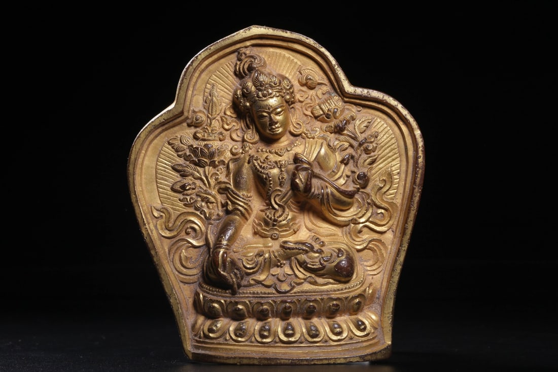 A Gilt Bronze Manjushri Plaque: Height: 4.17in; Length: 3.78in; Thickness: 0.79in; Weight: 0.70lbs.