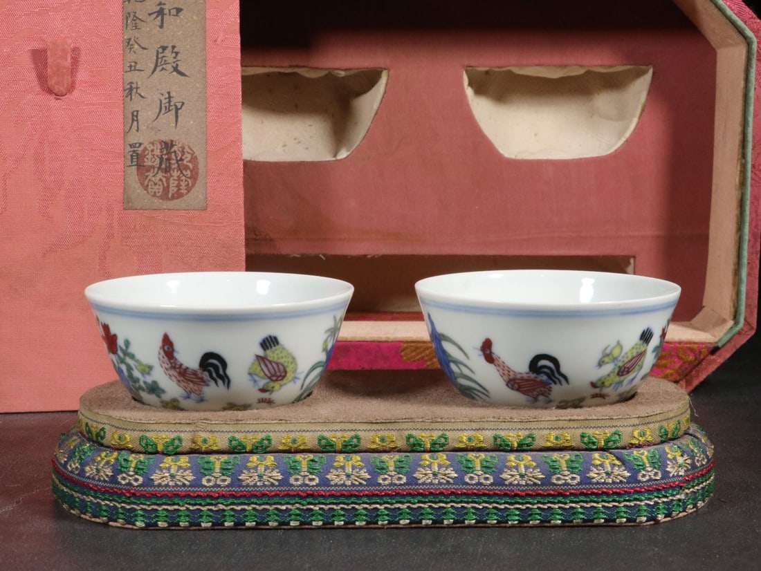 A Pair of Doucai Chicken Cups: Height: 1.57in; Diameter: 3.23in; Weight: 0.13lbs, 0.13lbs.