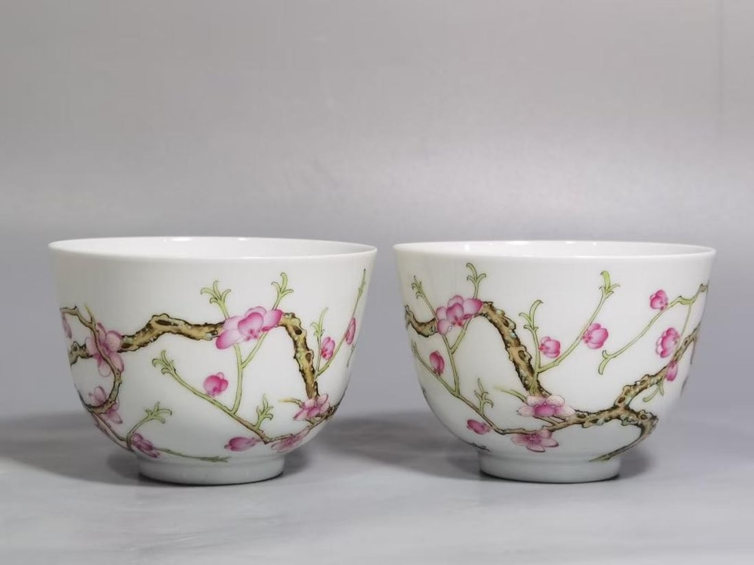 A Pair of Fencai Plum Blossom Cups: Height: 2.28in; Diameter: 3.27in.