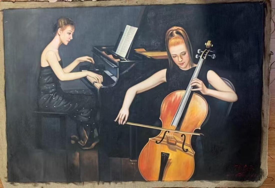A Chinese Oil Painting Depicting a Performer: Dimensions: 47.24in x 70.87in.