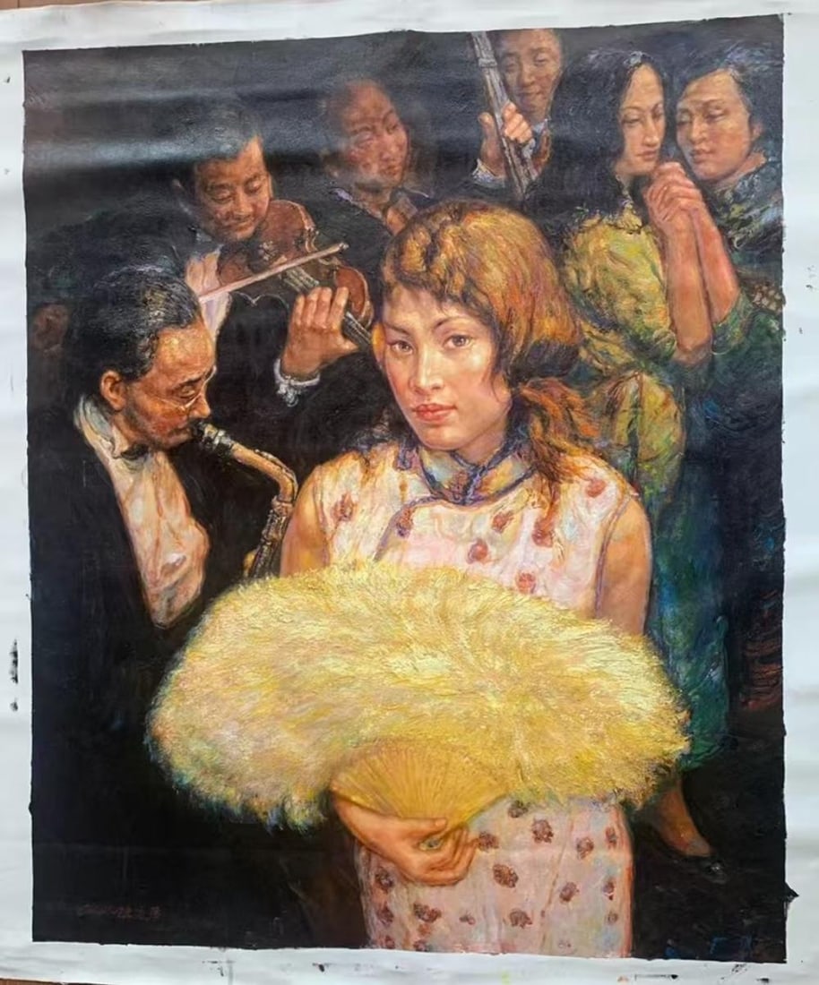 A Chinese Oil Painting Depicting a Dancing Figure: Dimensions: 45.28in x 51.18in.
