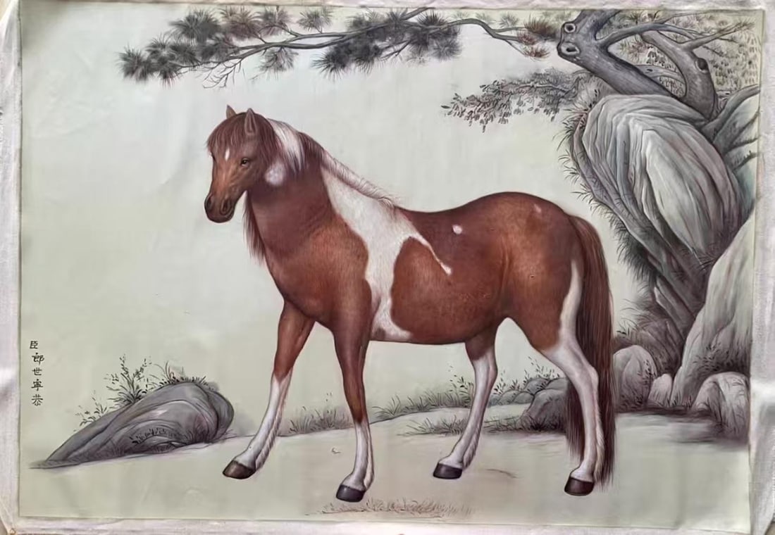 A Chinese Oil Painting Depicting Horses: Dimensions: 55.12in x 78.74in.
