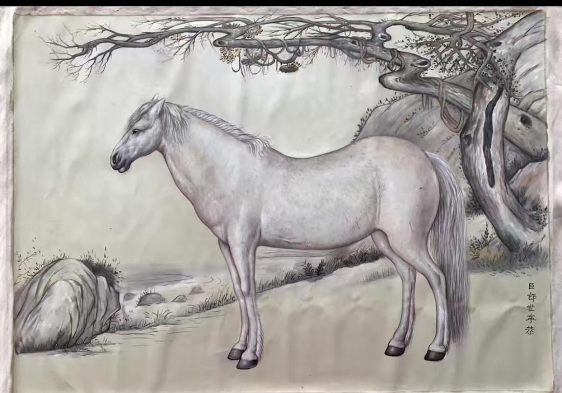 A Chinese Oil Painting Depicting Horses: Dimensions: 55.12in x 78.74in.
