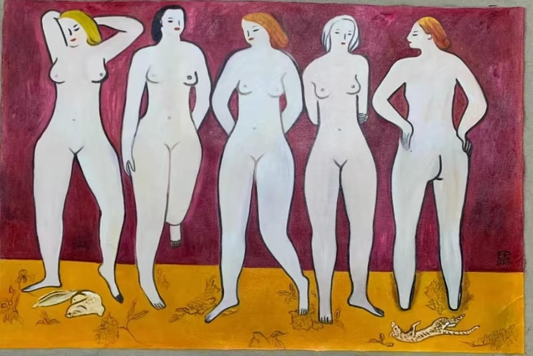 A Chinese Oil Painting Depicting Five Nude Figures: Dimensions: 31.50in x 47.24in.