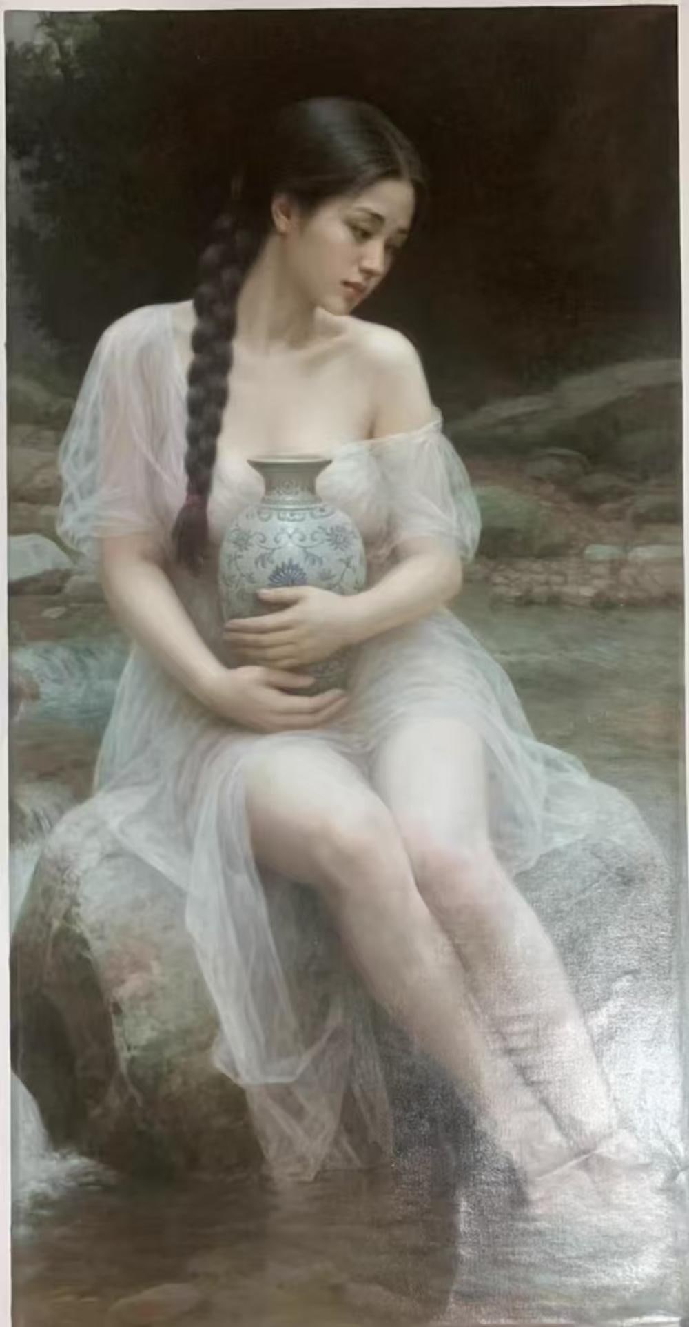 A Chinese Oil Painting Depicting an Oriental Beauty: Dimensions: 60.24in x 31.50in.