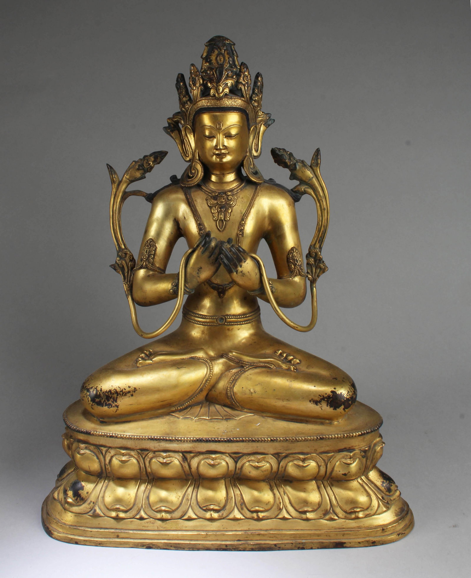 A 18th Century Gilt Bronze Bodhisattva Statue: A 18th Century Gilt Bronze Bodhisattva Statue. 'Yong le' mark on the back. Length: 14" Width: 7.75" Height: 18.5"