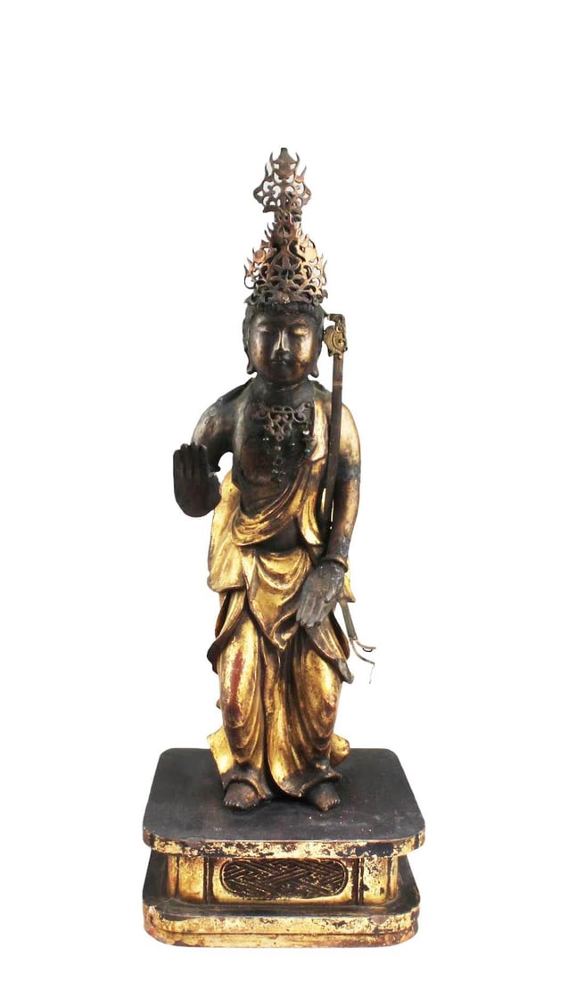 Antique Carved Gilt Wooden Bodhisattva Statue: Antique Carved Gilt Wooden Bodhisattva Statue, with bronze headdress. Height: 16.5"