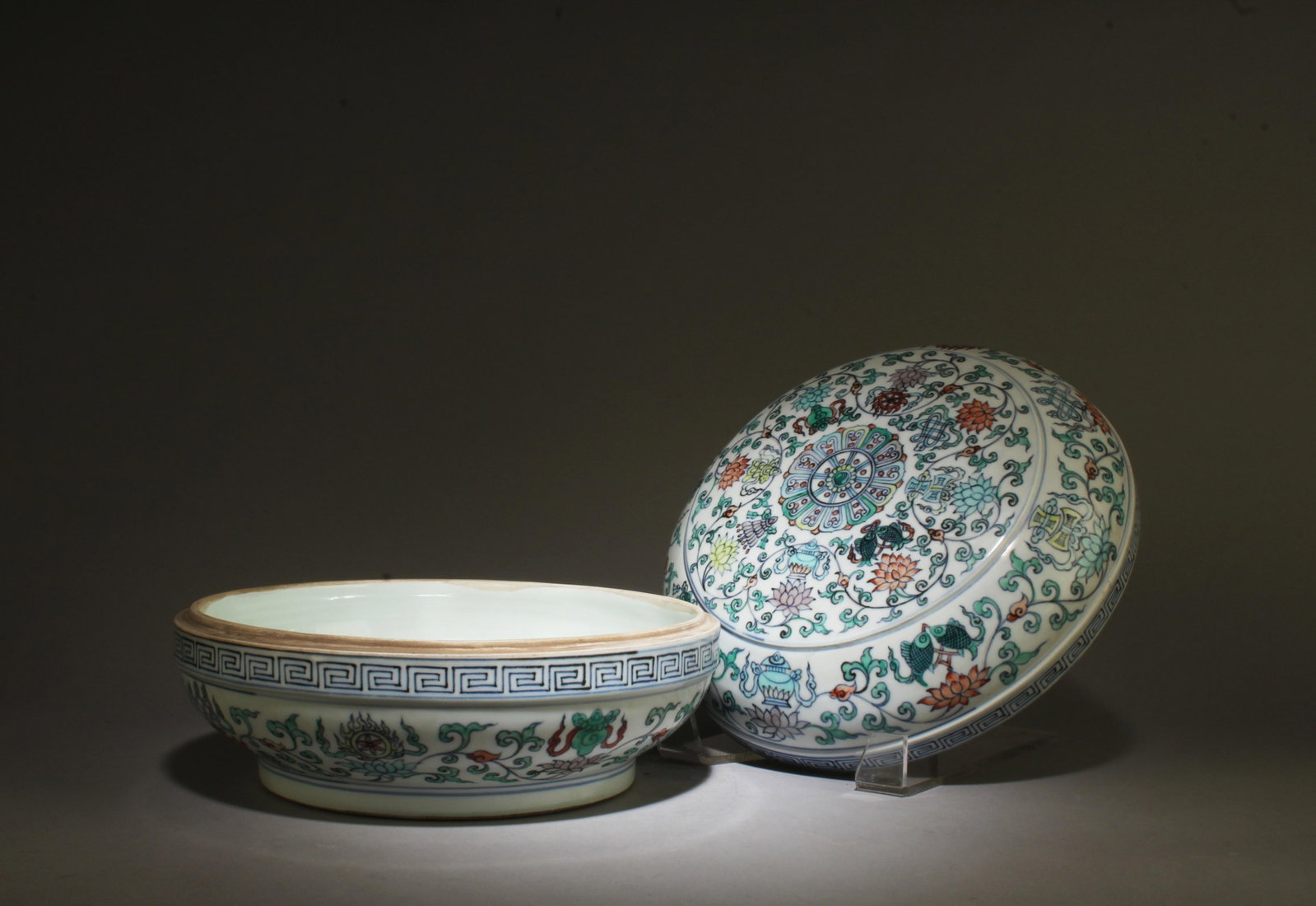 A Doucai Container with Lid: A Doucai Container with Lid. Dimensions: 10" x 5.6".