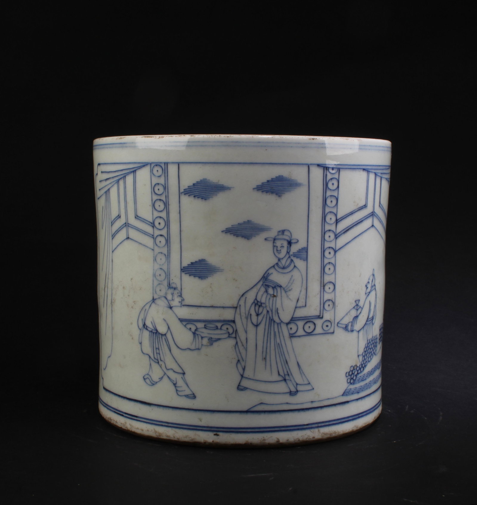 Chinese Blue & White Porcelain Brushpot: Chinese Blue & White Porcelain Brushpot. 'KangXi' mark. Diameter: 7.5" Height: 7"