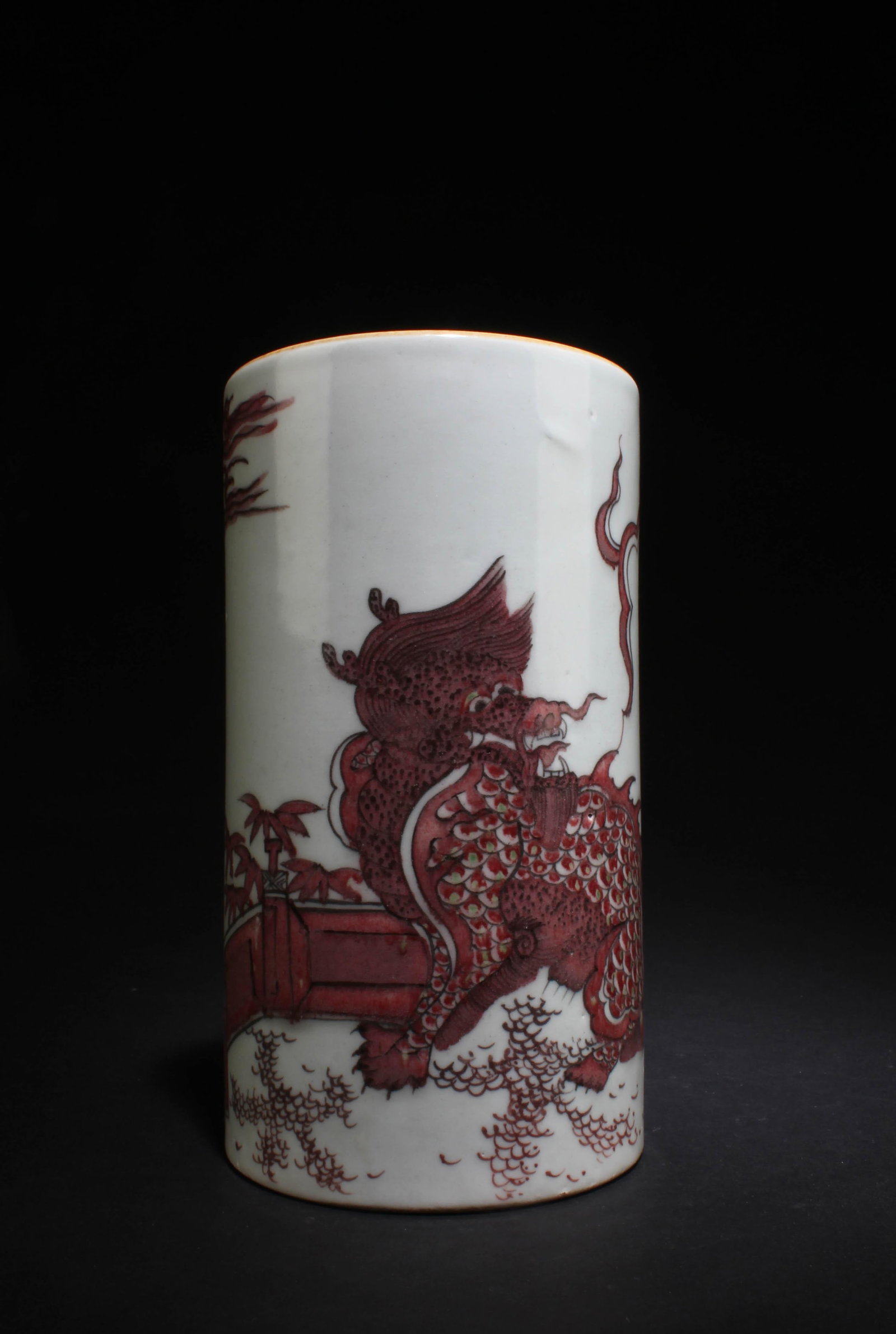 A Round Porcelain Brushpot: A Round Porcelain Brushpot. Height: 7" Diameter: 3.9"