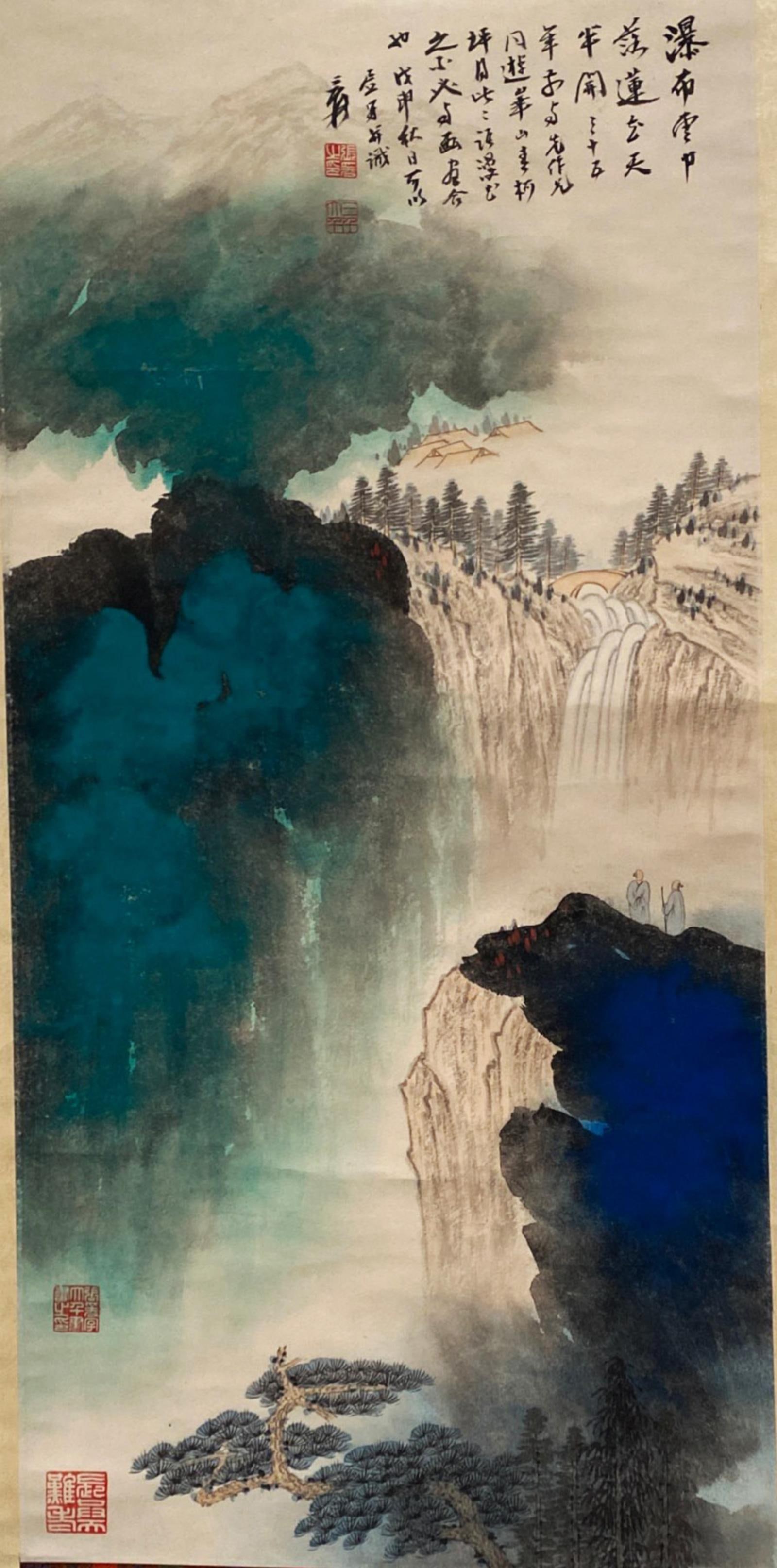 Chinese Hanging Scroll Painting: Ink and color on paper, depicting a waterfall scenery, signed with seal attributed to Zhang Da Qian. Height: 35" Length: 17.5"