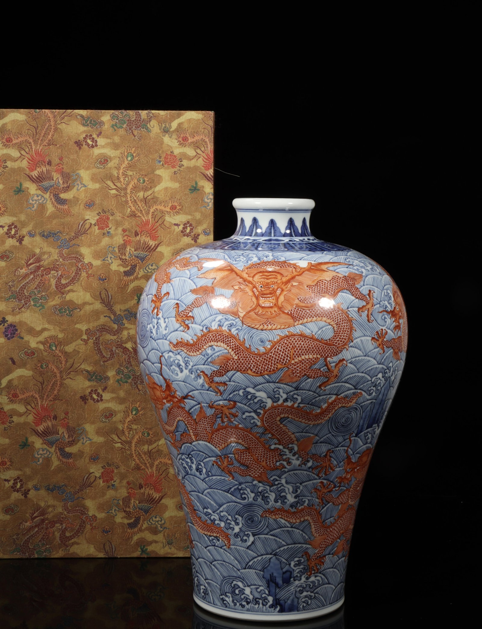 A Red Glazed Meiping Vase with Dragon Motif: A Red Glazed Meiping Vase with Dragon Motif. Height: 14.96in; Diameter: 9.06in.
