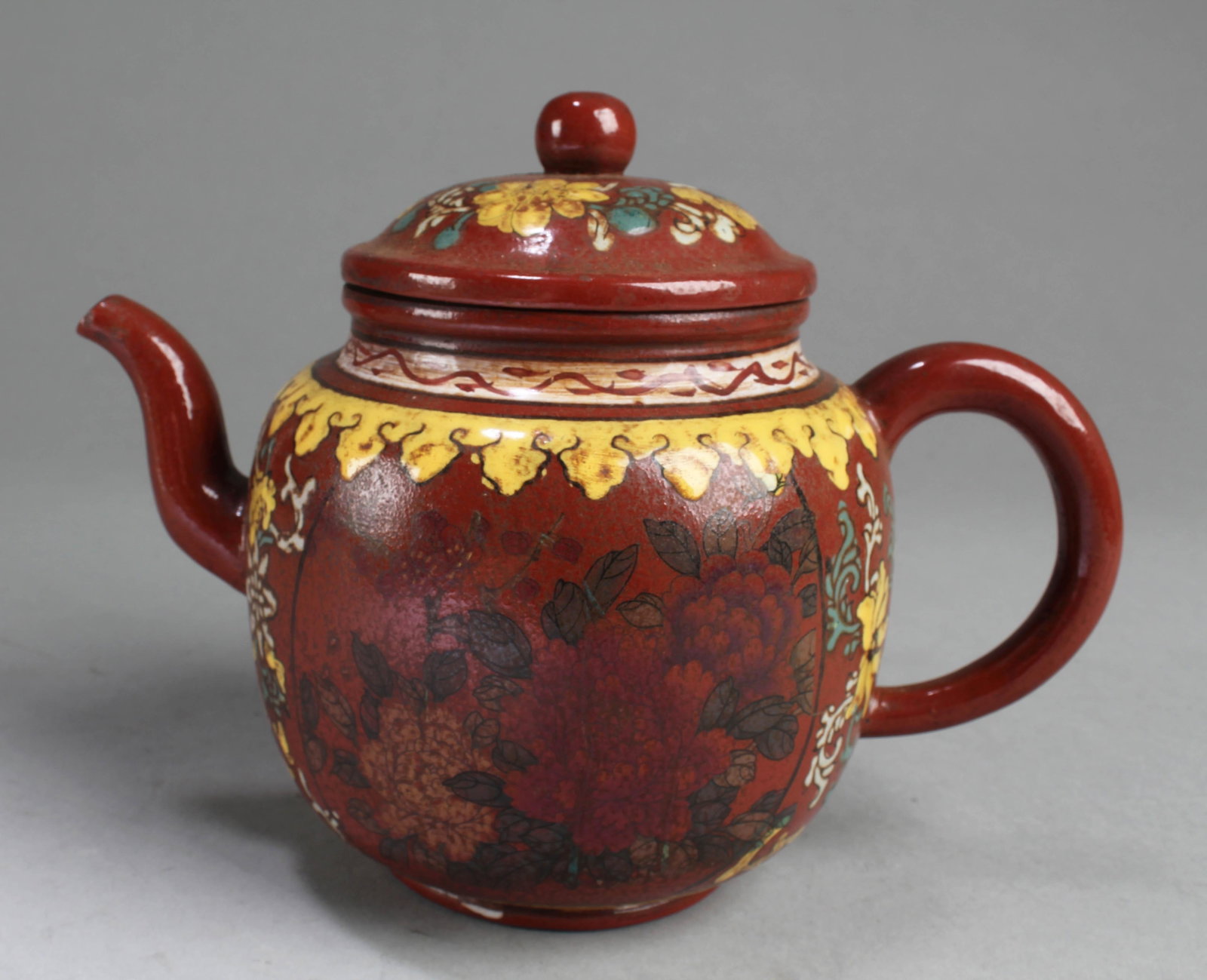 Chinese Zisha Teapot: Chinese Zisha Teapot. A Mark is imprinted at the base. Length: 7.5"