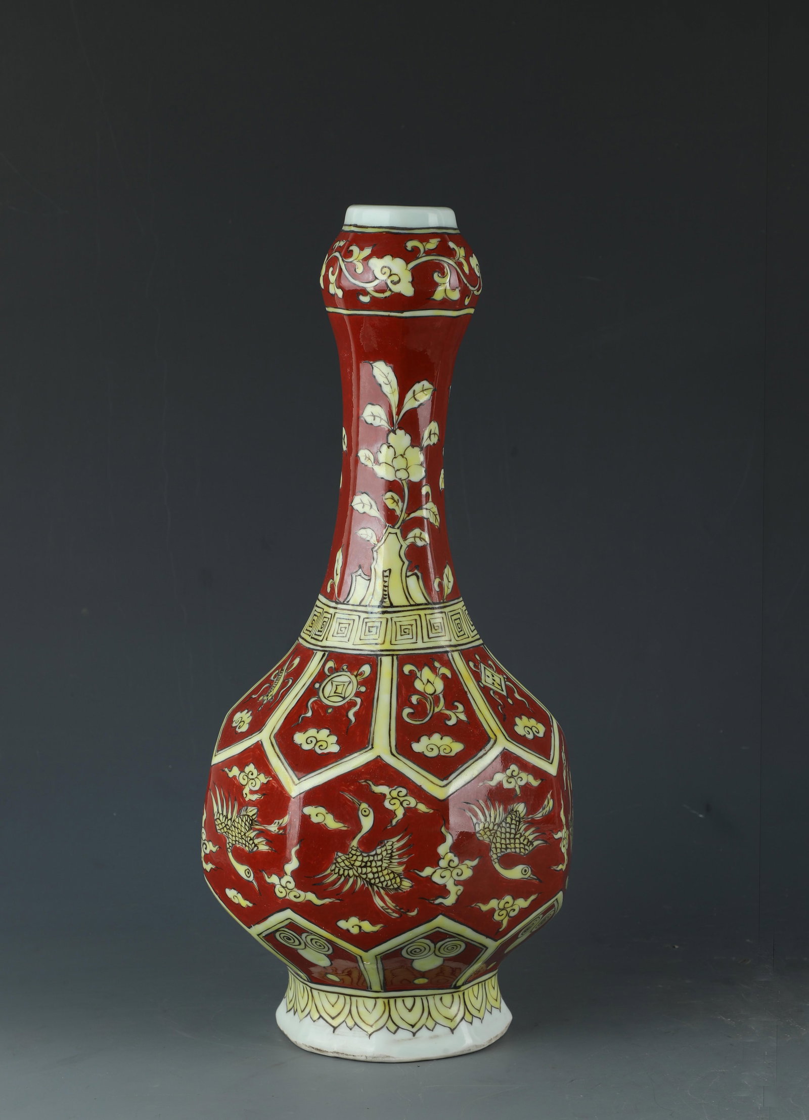 A Blue and Yellow Vase with Phoenix Motif: A Blue and Yellow Vase with Phoenix Motif. Dimensions: 14.7" x 6".