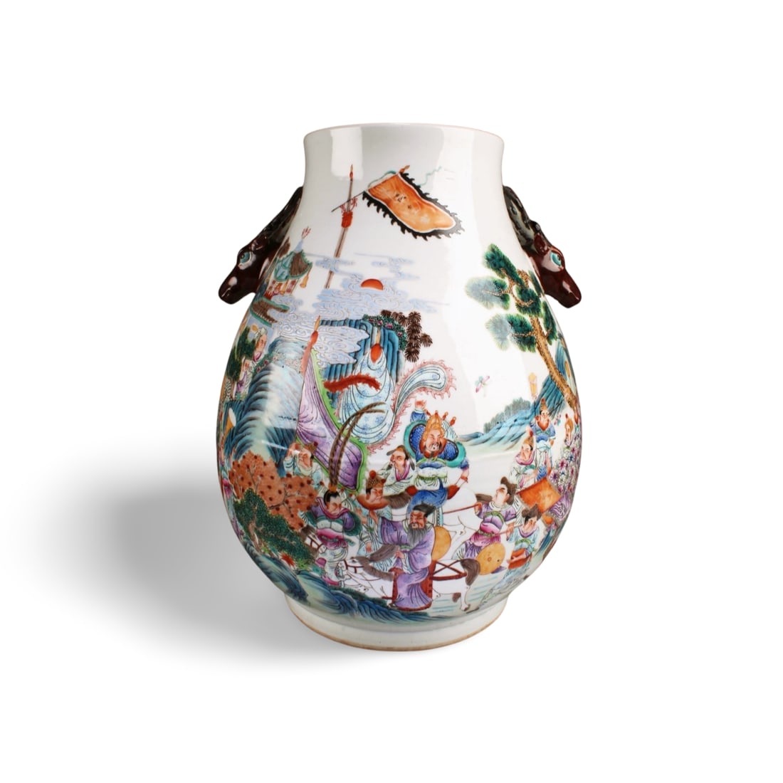 An Old Fencai Porcelain Vase: An Old Fencai Porcelain Vase, flanked by twin deer-head shaped handles. Height: 18.75"