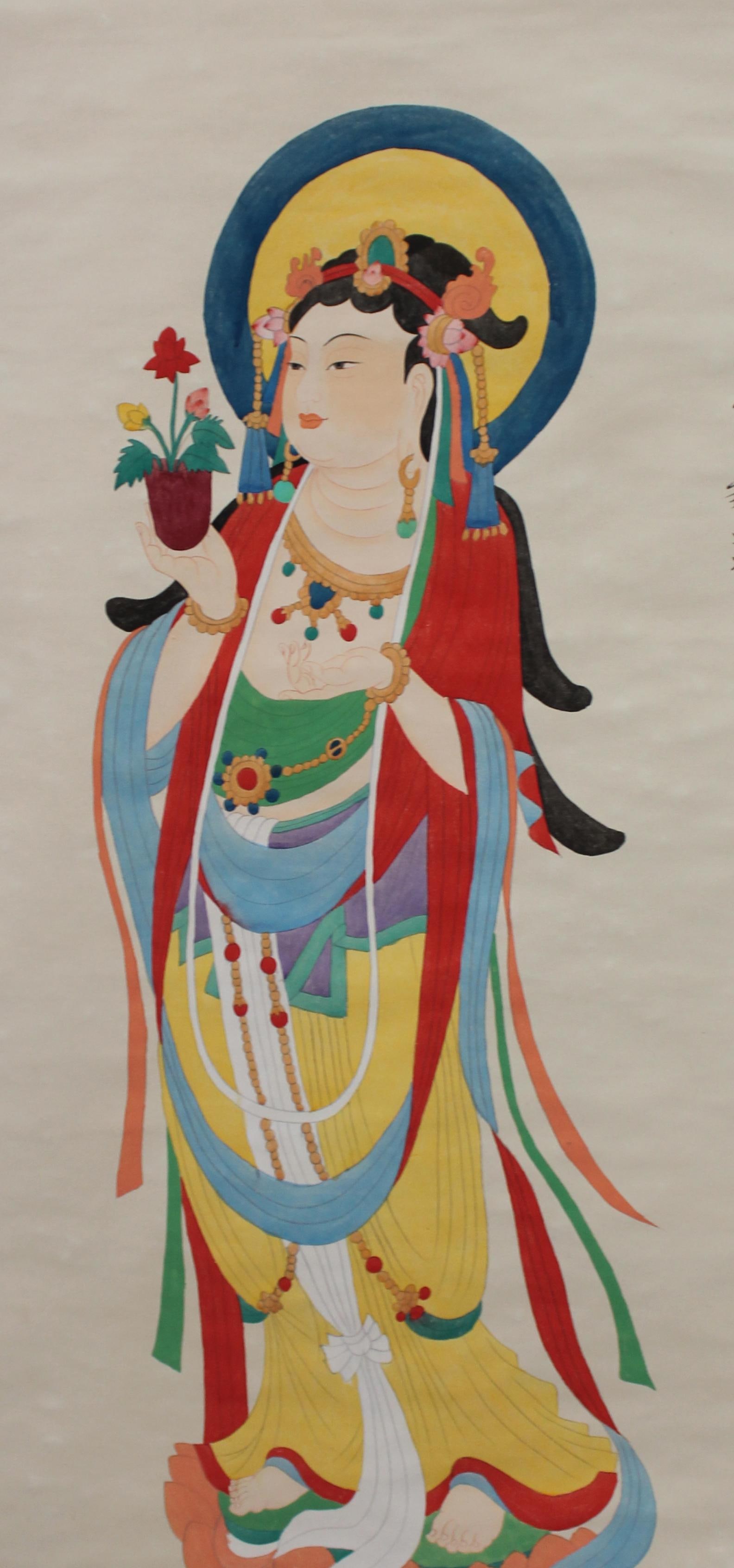 Chinese Hanging Scroll Painting: Ink and color on paper, depicting the portrait of GuanYin, signed with seal attributed to Zhang Da Qian. Length: 36.25" Height: 69"