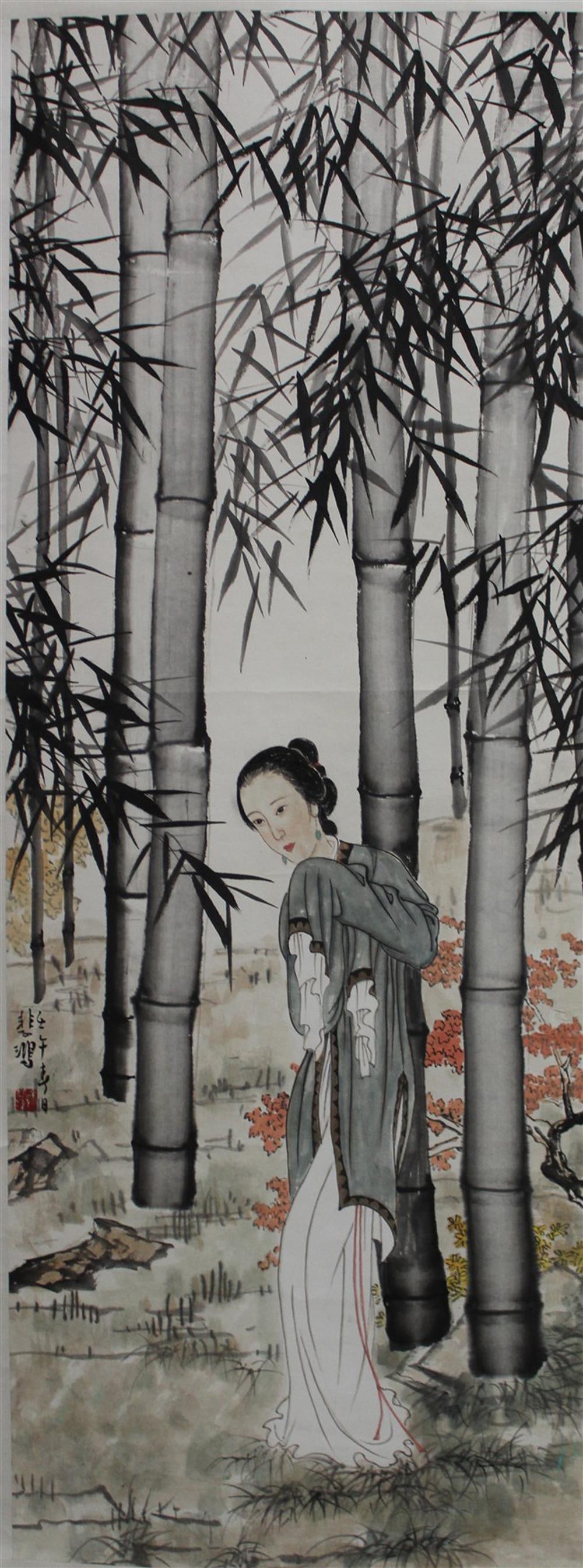 Chinese Scroll Painting: Ink and color on paper, depicting a maiden surrounded by bamboo trees, signed with seal attributed to Xu Bei Hong. Length: 19.5" Height: 52"