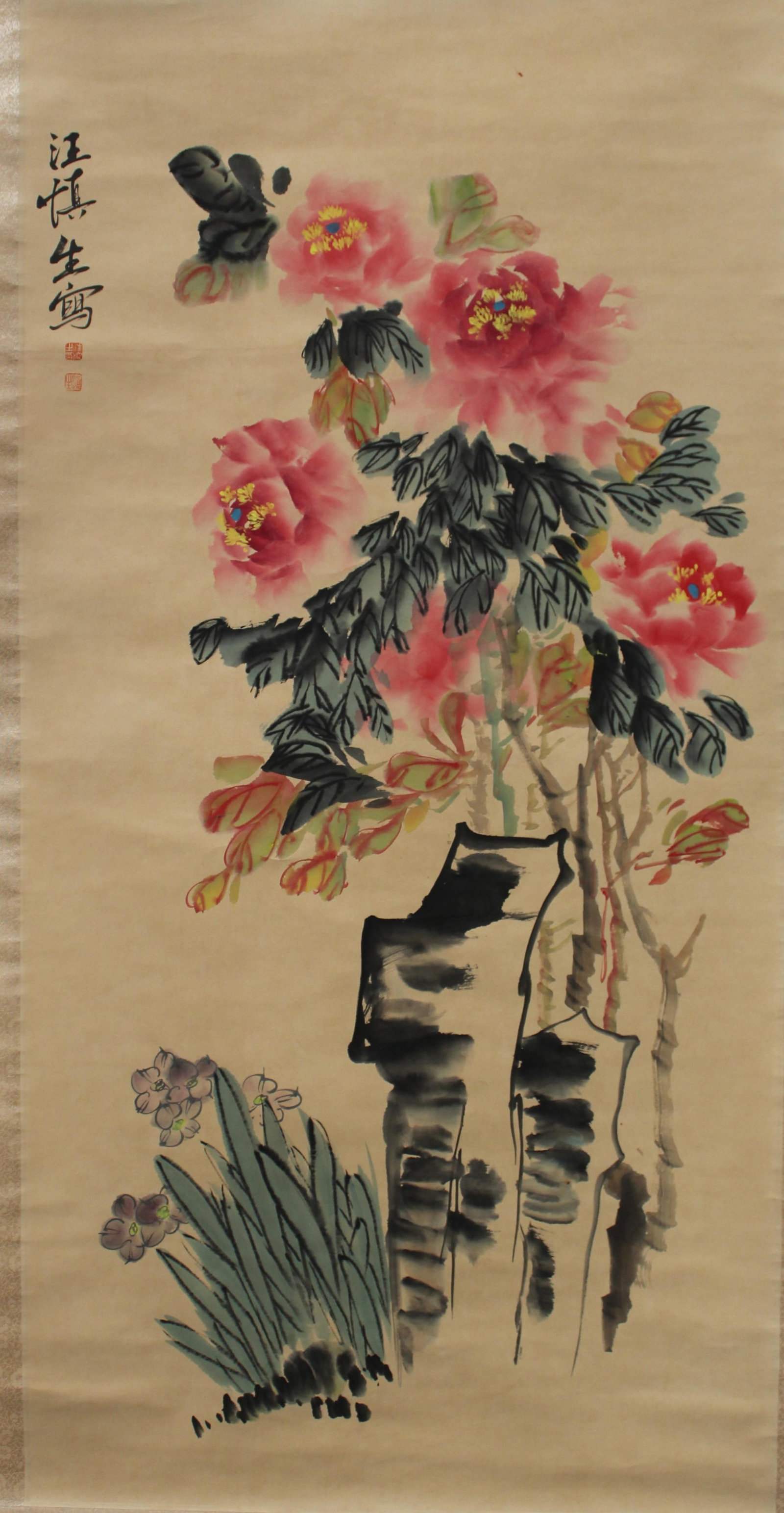Chinese Hanging Scroll Painting: Ink and color on paper, depicting flowers, signed with seal attributed to Wang Sheng Shen. Length: 26.25" Height: 53"