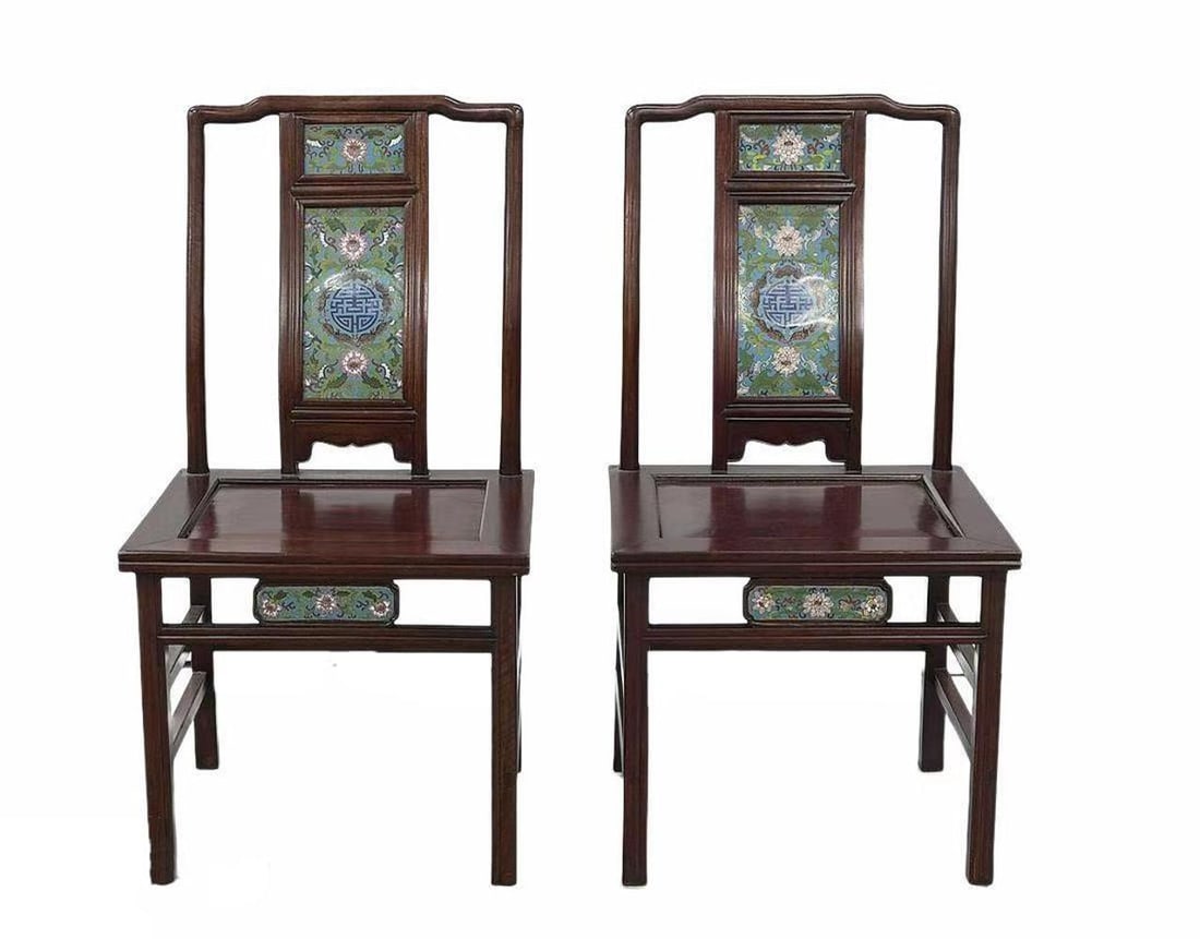 Set of Two Chinese Hardwood Chairs: Set of Two Chinese hardwood chairs; each splat inset with two cloisonne plaques; 36" x 19" x 17" (each);