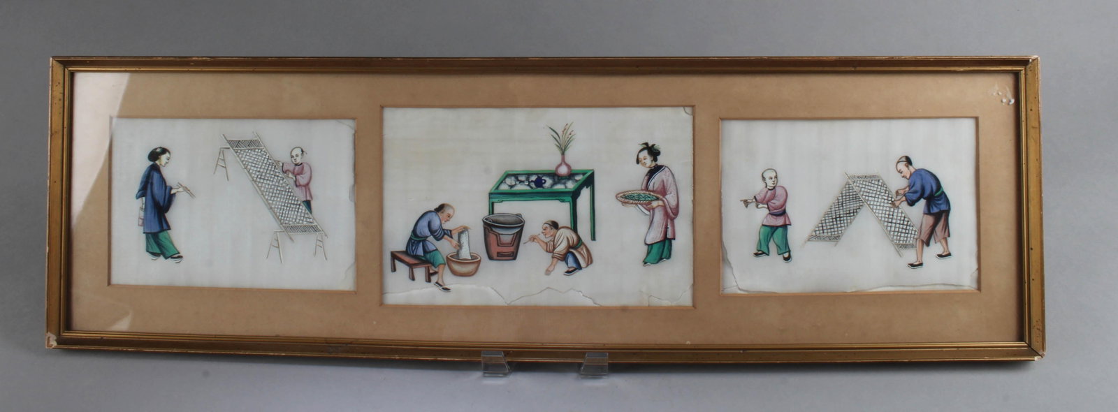 A Framed Painting in Silk: A Framed Painting in Silk. Length: 29" Height: 8.5" (Frame)