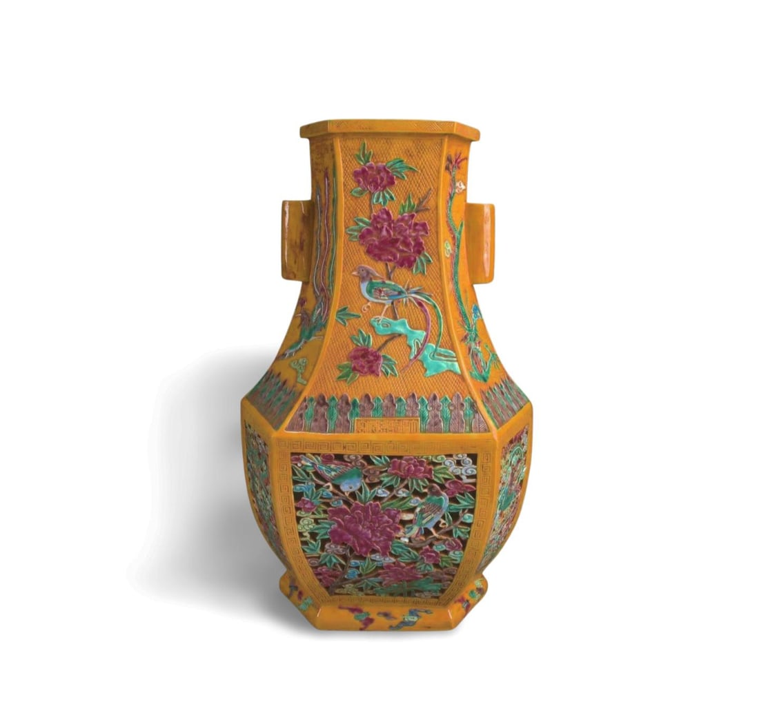 Chinese Famille Jaune Porcelain Vase: Chinese Famille Jaune Porcelain Vase, flanked by twin cylindrical loop handles. Height: 19"