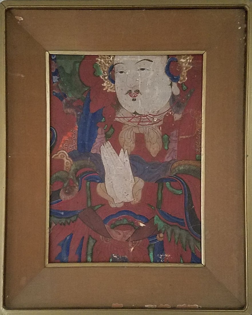 Antique Framed Juan Painting, Tang Dynasty: Chinese antique framed "Juan" painting, depicting a single male figure wearing heavy red robes with his hands in prayer position. Width: 10 " Length: 13.5 "