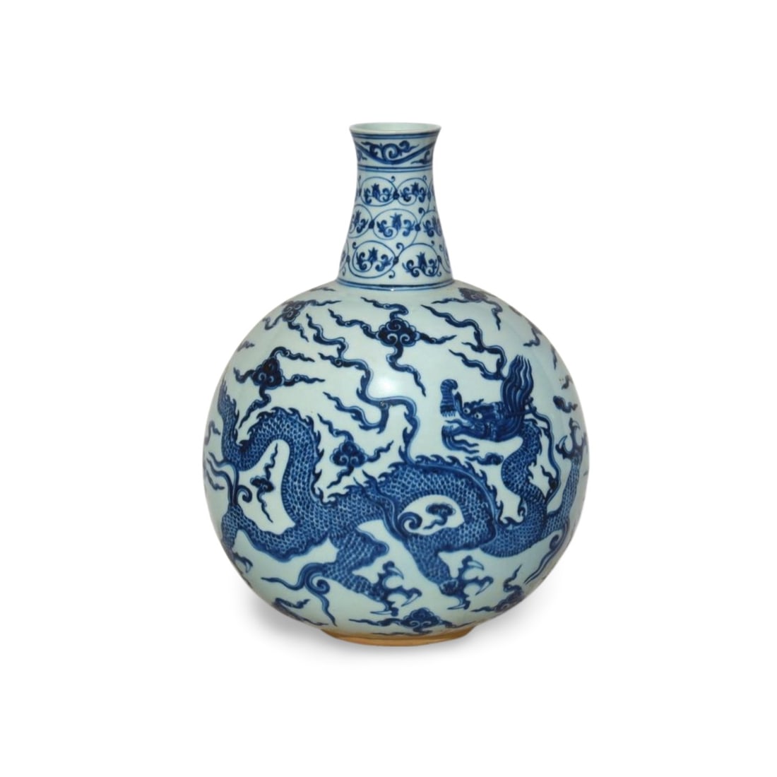 A Blue and White Dragon Moonflask Vase: A Blue and White Dragon Moonflask Vase. Dimension: 13.5" x 17.5".