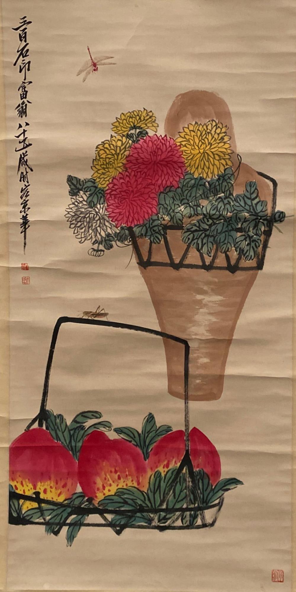 Chinese Hanging Scroll Painting: Ink and color on paper, depicting cut flowers, singed with seal attributed to Qi Bai Shi. Height: 53" Length: 26"