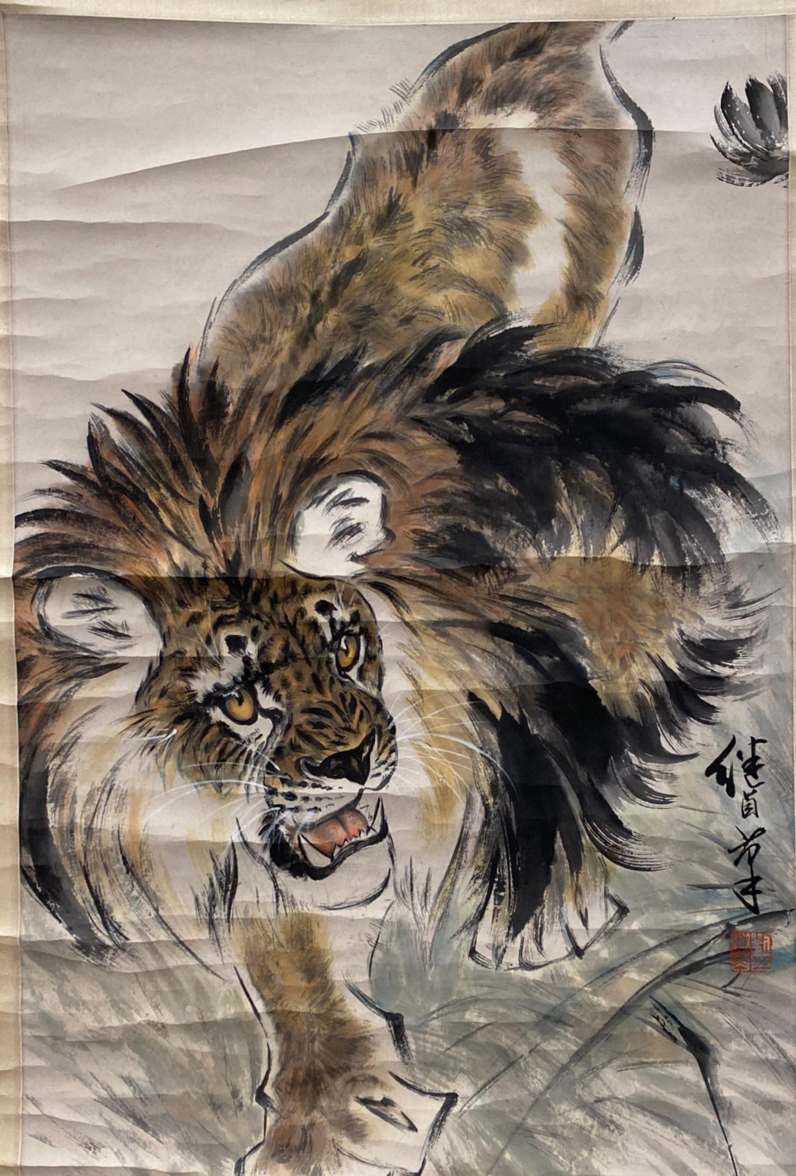 Chinese Hanging Scroll Painting: Ink and color on paper, depicting a lion. Height: 26.25" Length: 17.5"