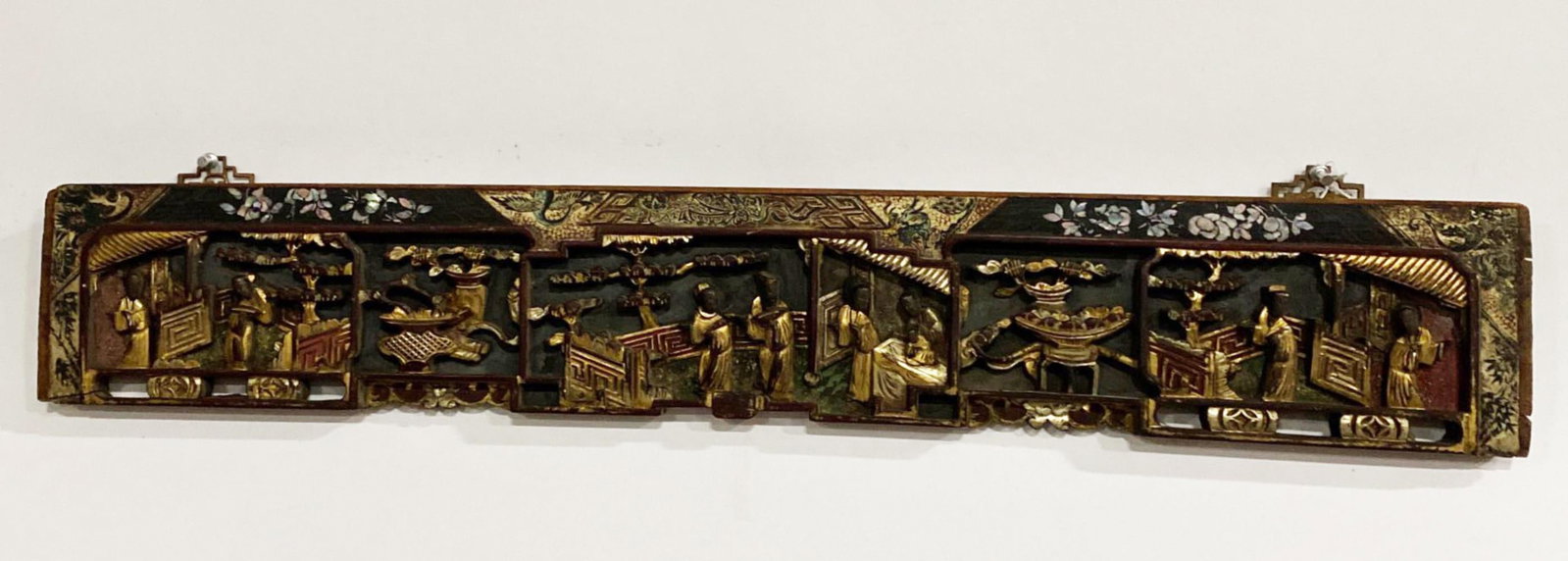 A Carved Gilt Wooden Display Board: A Carved Gilt Wooden Display Board. Length: 33" Height: 5.5"