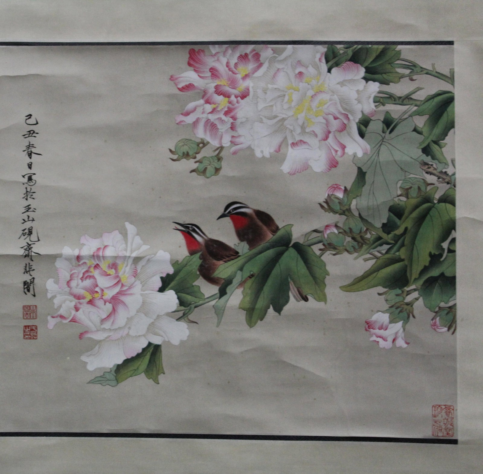Chinese Scroll Painting: Chinese scroll painting, colored ink on paper, depicting a colorful scene of two plump birds sitting in a tree with pale pink and white chrysanthum flowers. Length 17.75 " Width 20.25 "
