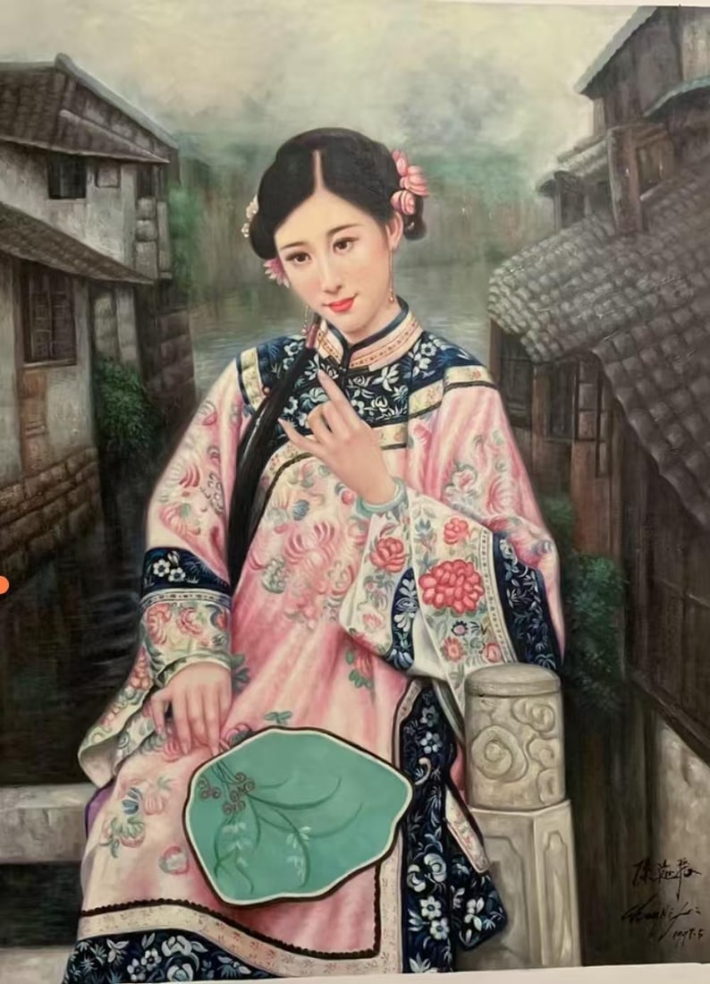 A Chinese Oil Painting: A Chinese Oil Painting. Dimensions: 47.24in x 35.43in.