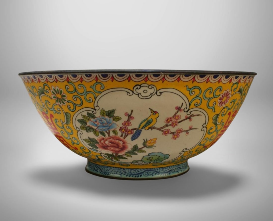 Copper enamel bowl with flower and bird patterns (1 of 7)