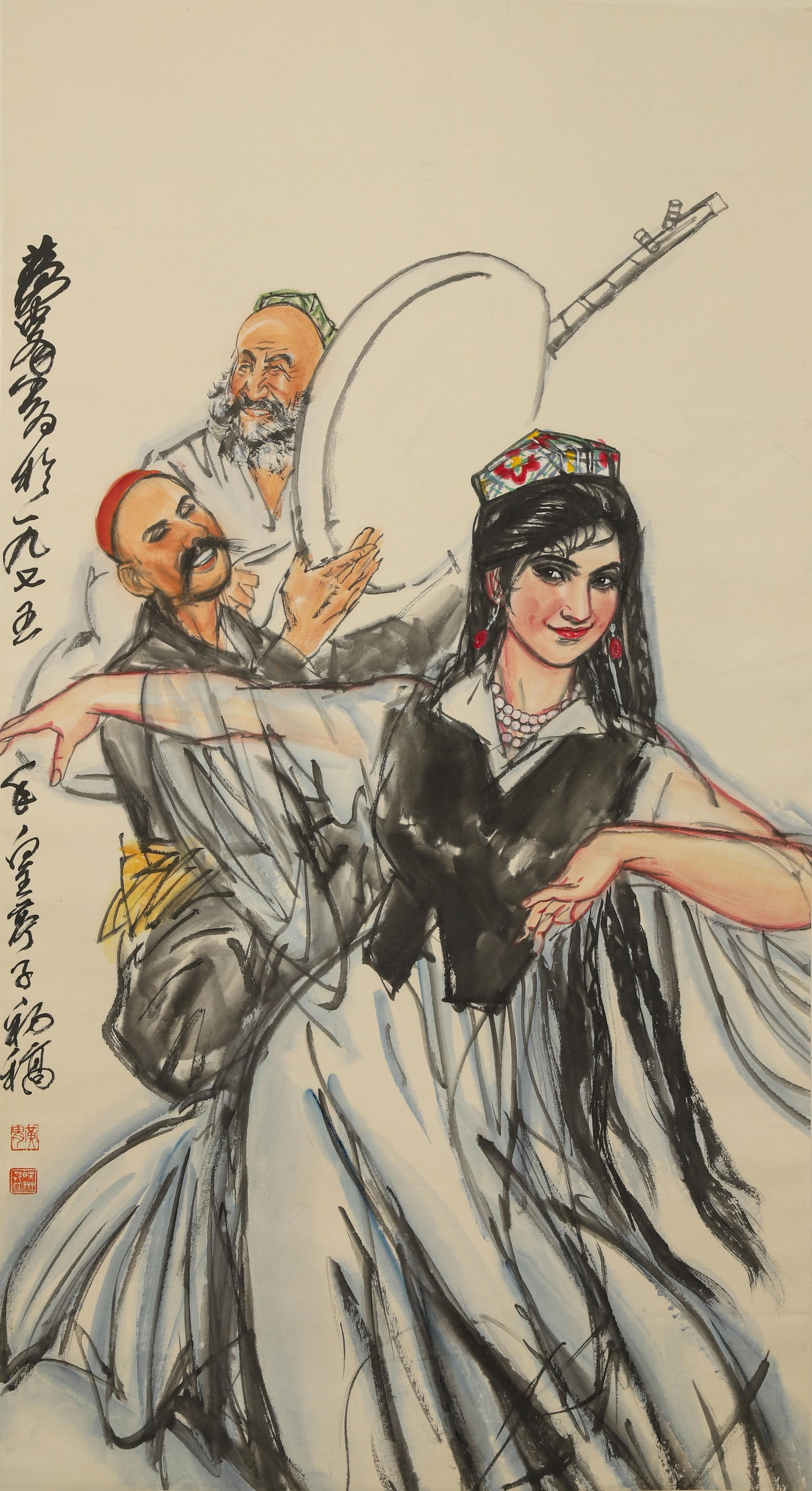 A Chinese Scroll Painting: A Chinese Painting depicting a Figure Attributed to Huang Zhou, Paper Scroll. Dimensions: 48.03 inches x 26.38 inches.
