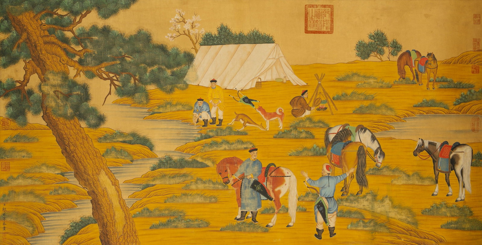 A Chinese Painting: A Chinese Painting depicting Figure Attributed to Lang Shining, Silk Scroll. Dimensions: 27.17 inches x 53.15 inches.